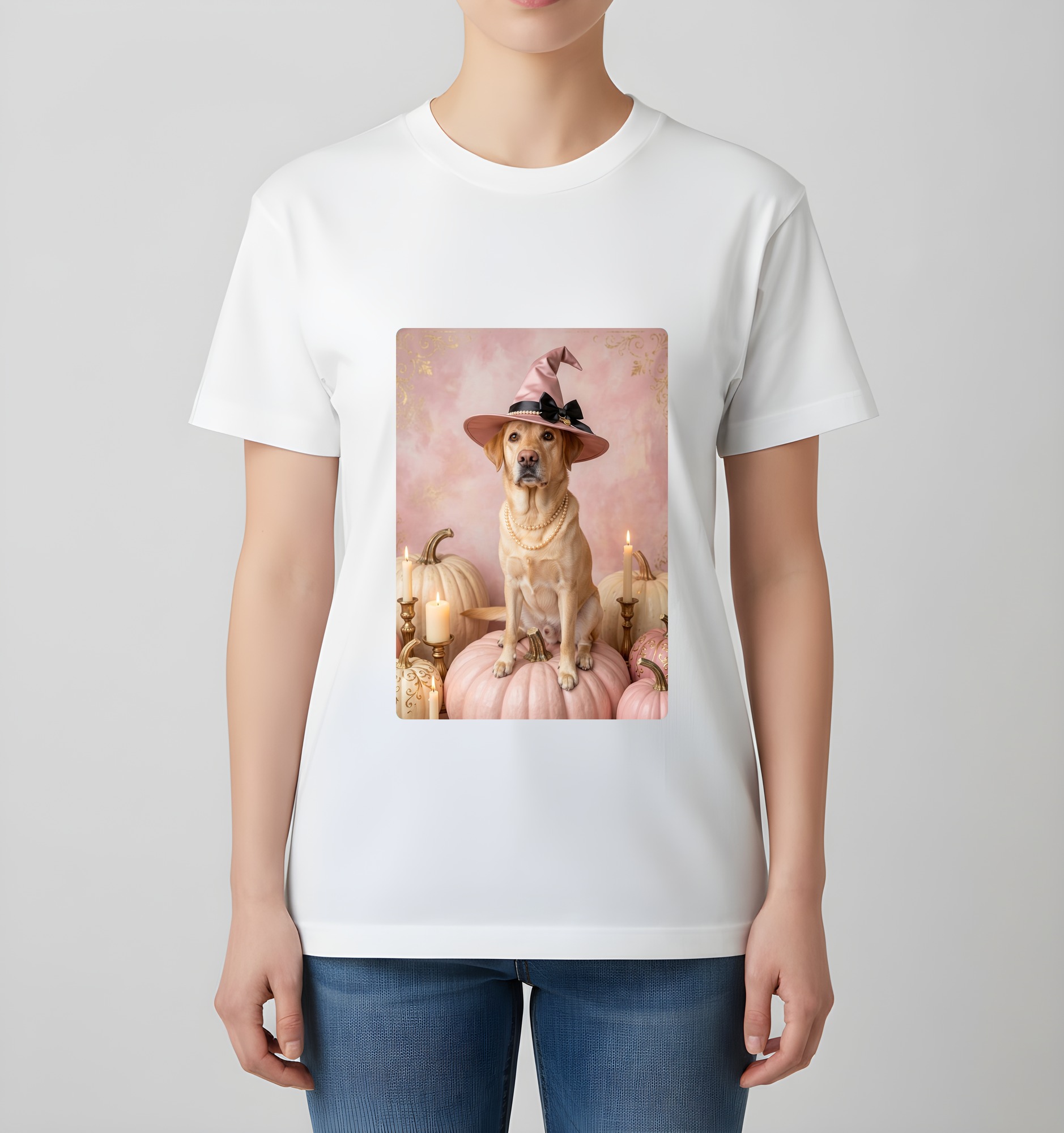 ラブラドールレトリバーのかぼちゃとキャンドルの油絵風アートハロウィンTシャツ（ホワイト）（4枚目）