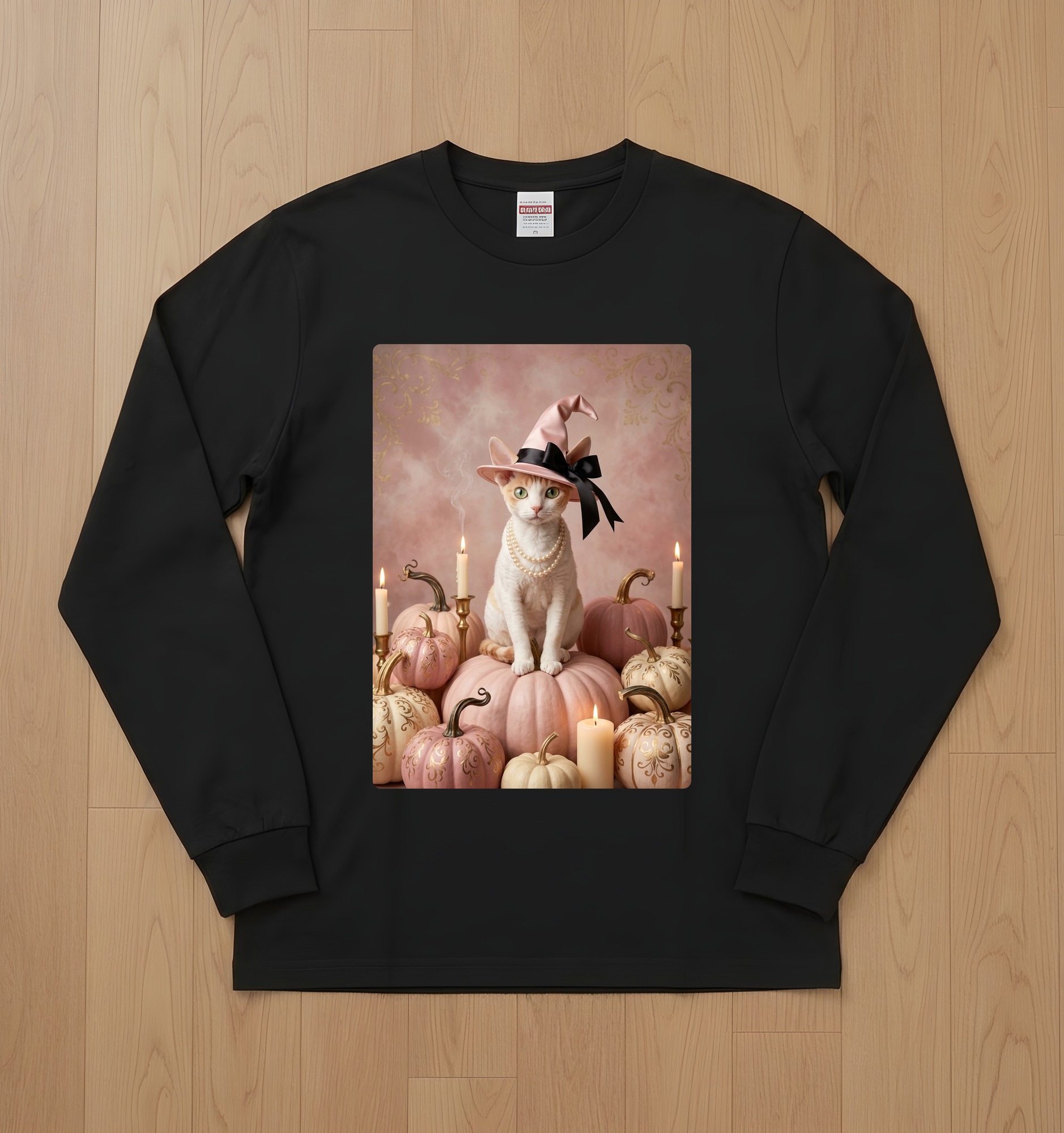 デボンレックスのかぼちゃとキャンドルの油絵風アートハロウィン長袖Tシャツ(ブラック)