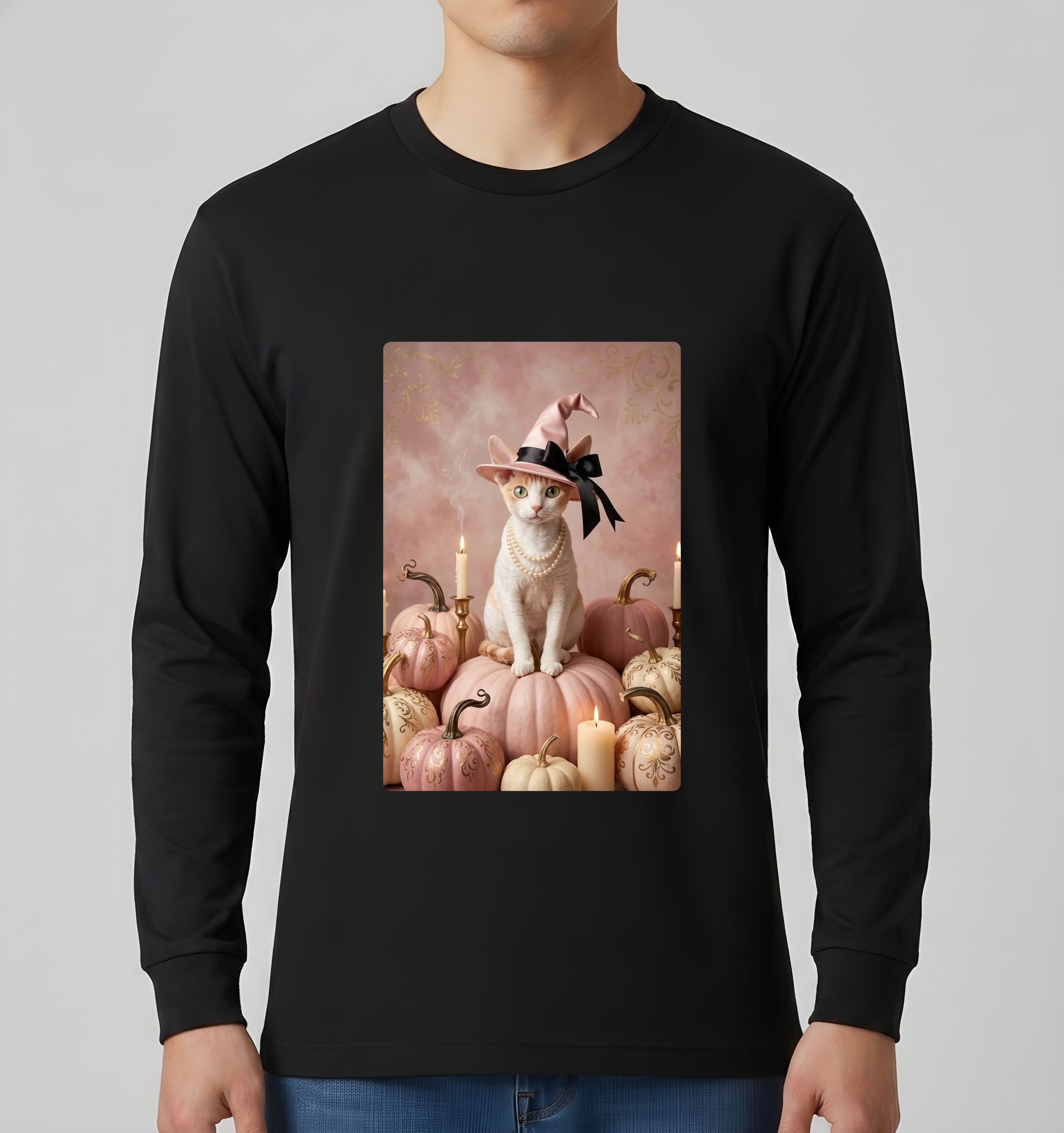 デボンレックスのかぼちゃとキャンドルの油絵風アートハロウィン長袖Tシャツ(ブラック)(3枚目)
