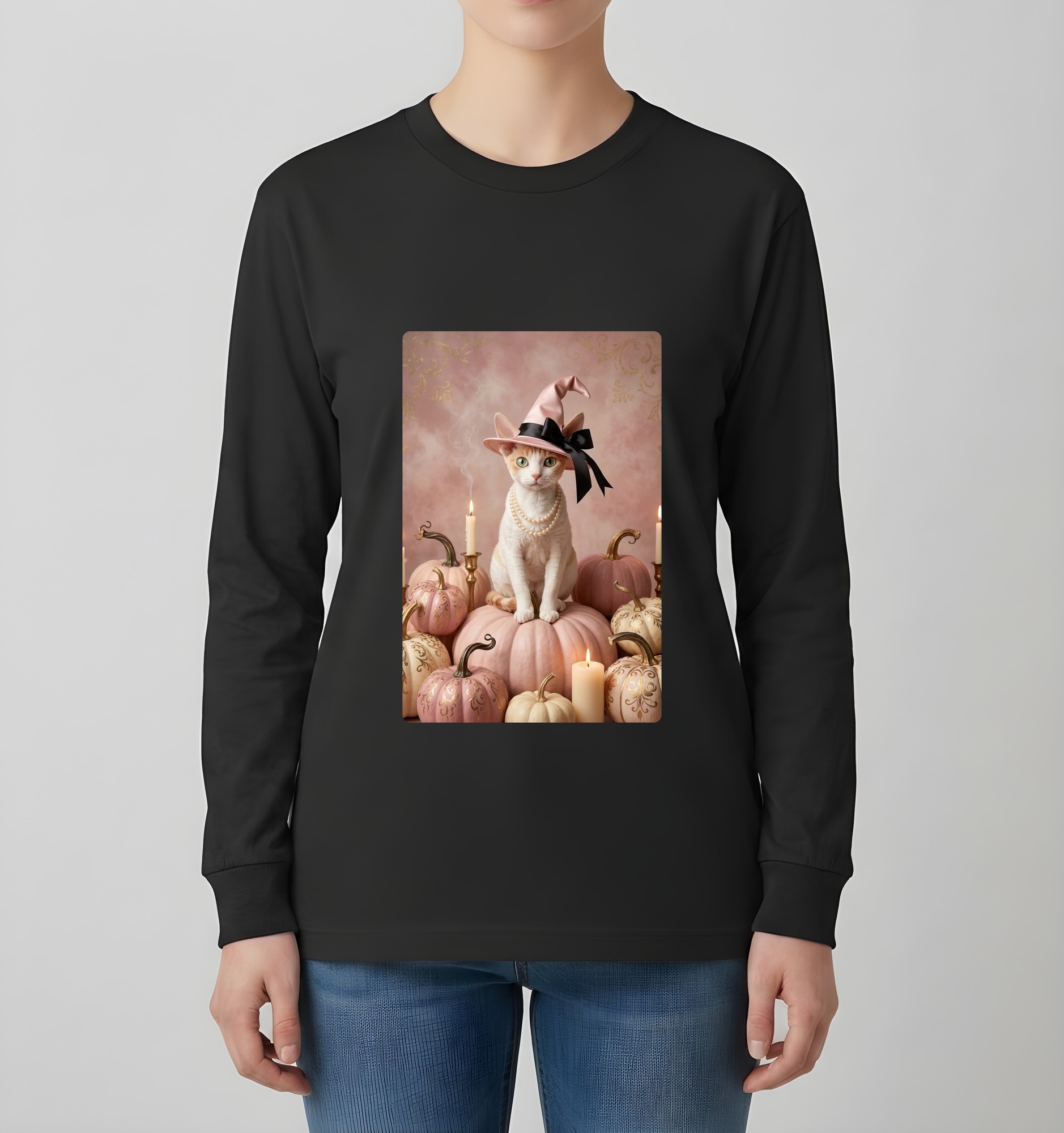 デボンレックスのかぼちゃとキャンドルの油絵風アートハロウィン長袖Tシャツ(ブラック)(4枚目)