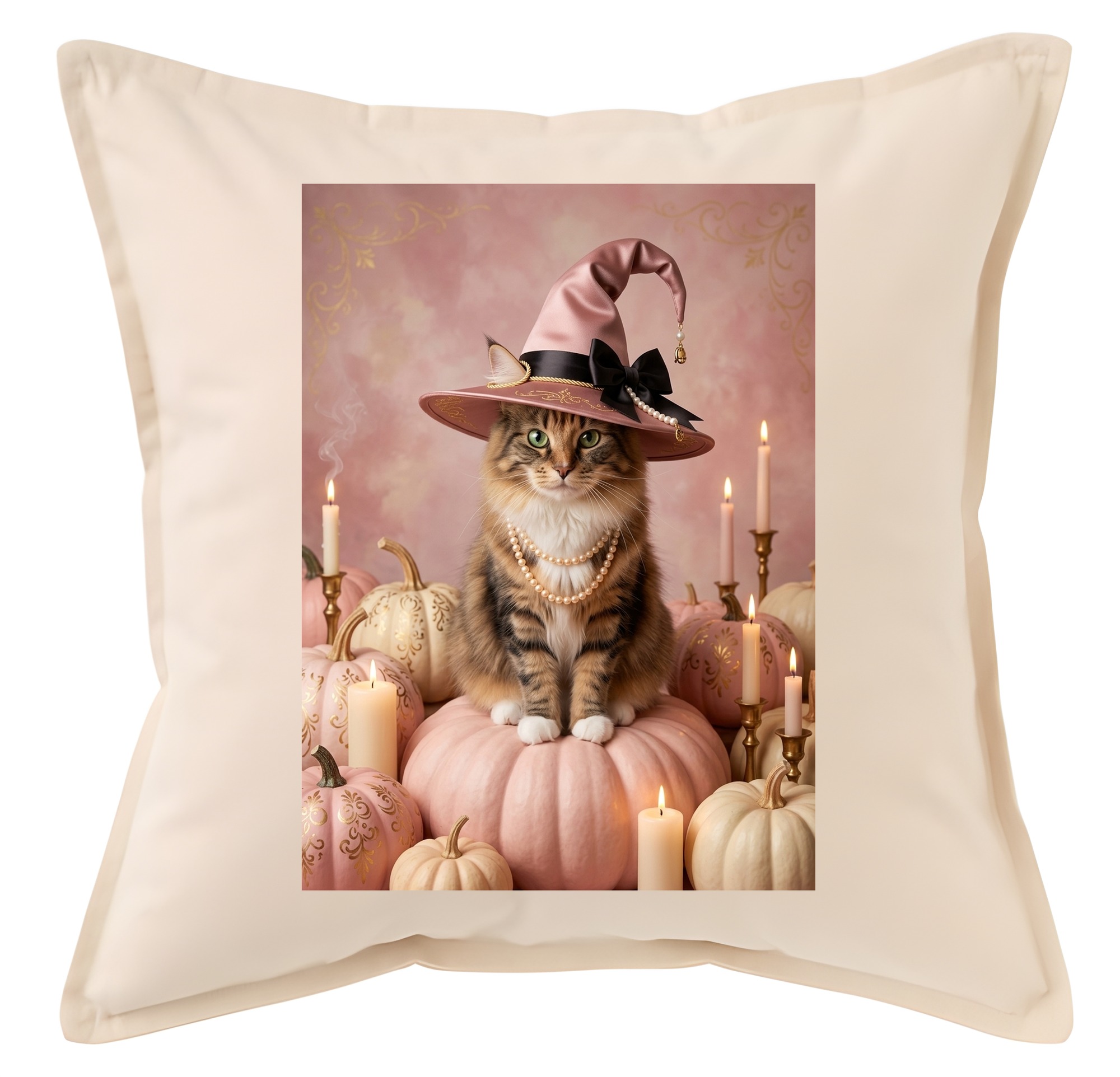 ノルウェージャンフォレストキャットのかぼちゃとキャンドルの油絵風アートハロウィンクッション