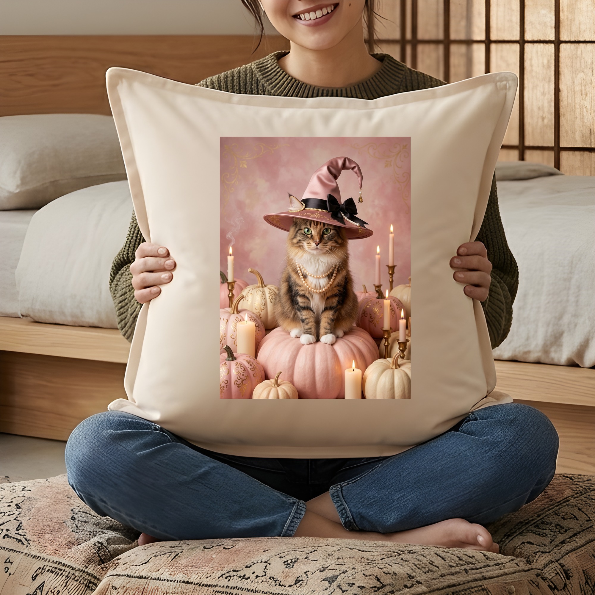 ノルウェージャンフォレストキャットのかぼちゃとキャンドルの油絵風アートハロウィンクッション(3枚目)