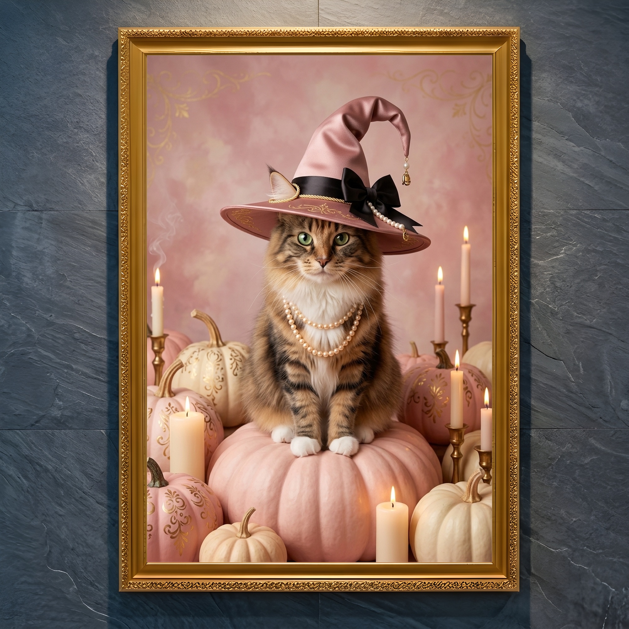 ノルウェージャンフォレストキャットのかぼちゃとキャンドルの油絵風アートハロウィン額装プリント(A4金縁)