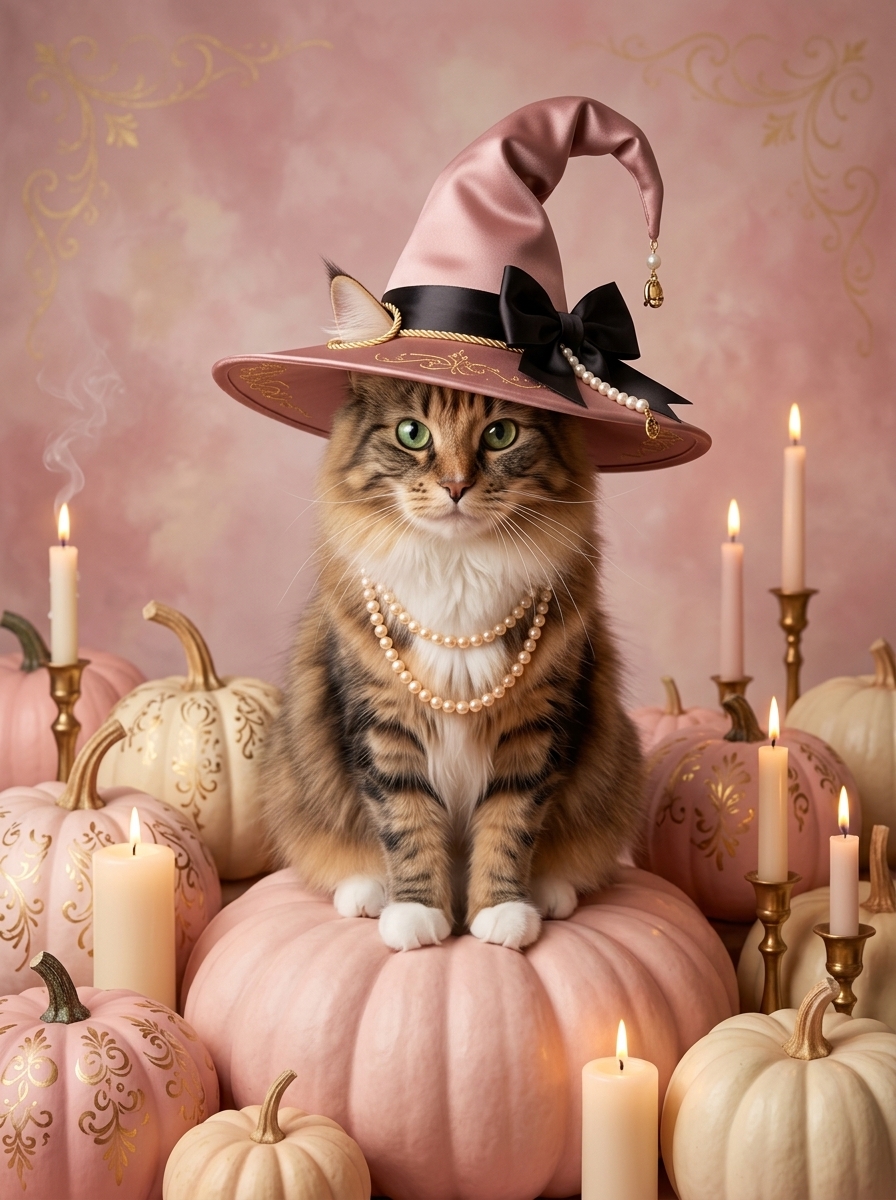 ノルウェージャンフォレストキャットのかぼちゃとキャンドルの油絵風アートハロウィン額装プリント(A4金縁)(4枚目)
