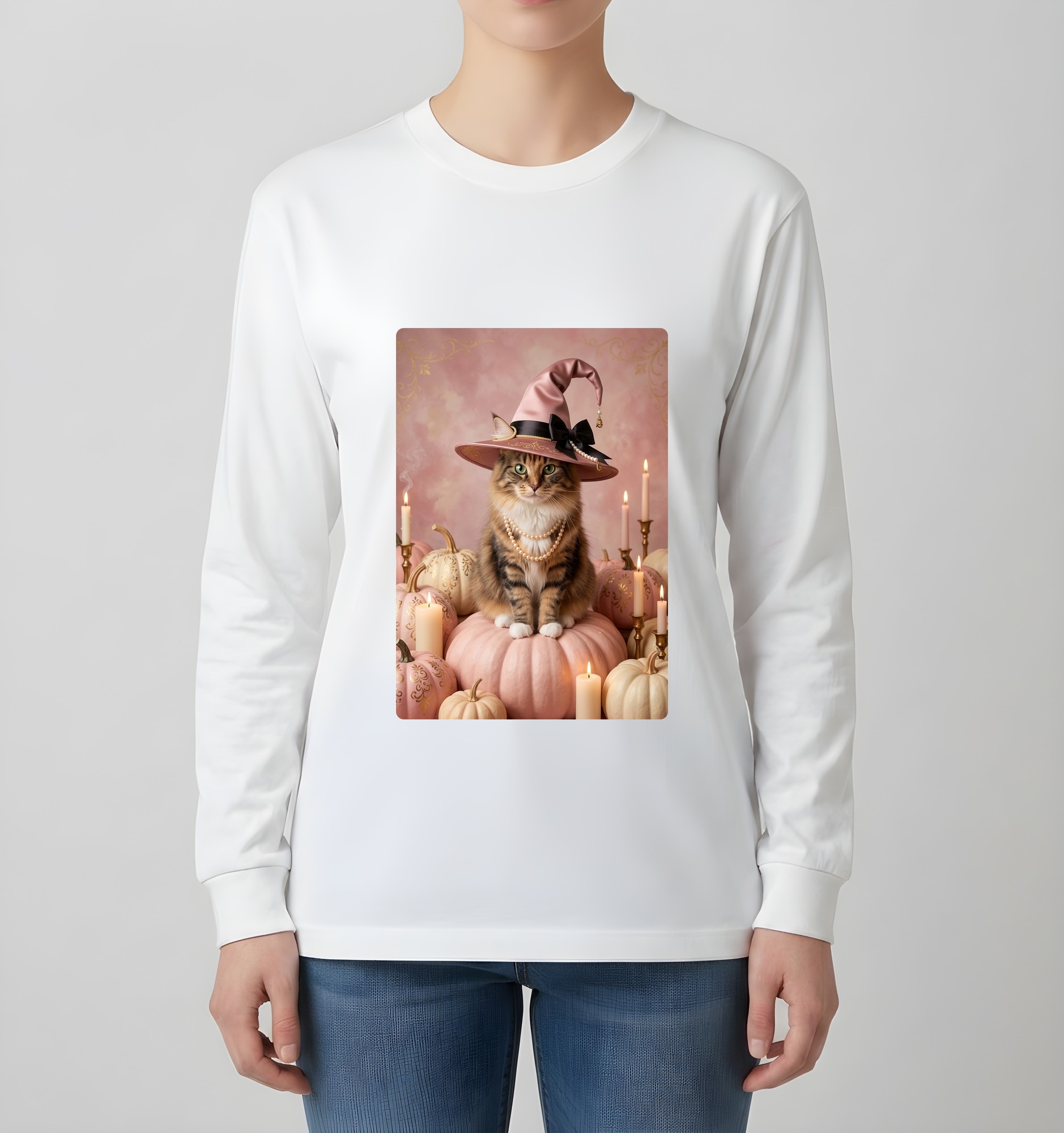 ノルウェージャンフォレストキャットのかぼちゃとキャンドルの油絵風アートハロウィン長袖Tシャツ(ホワイト)(4枚目)