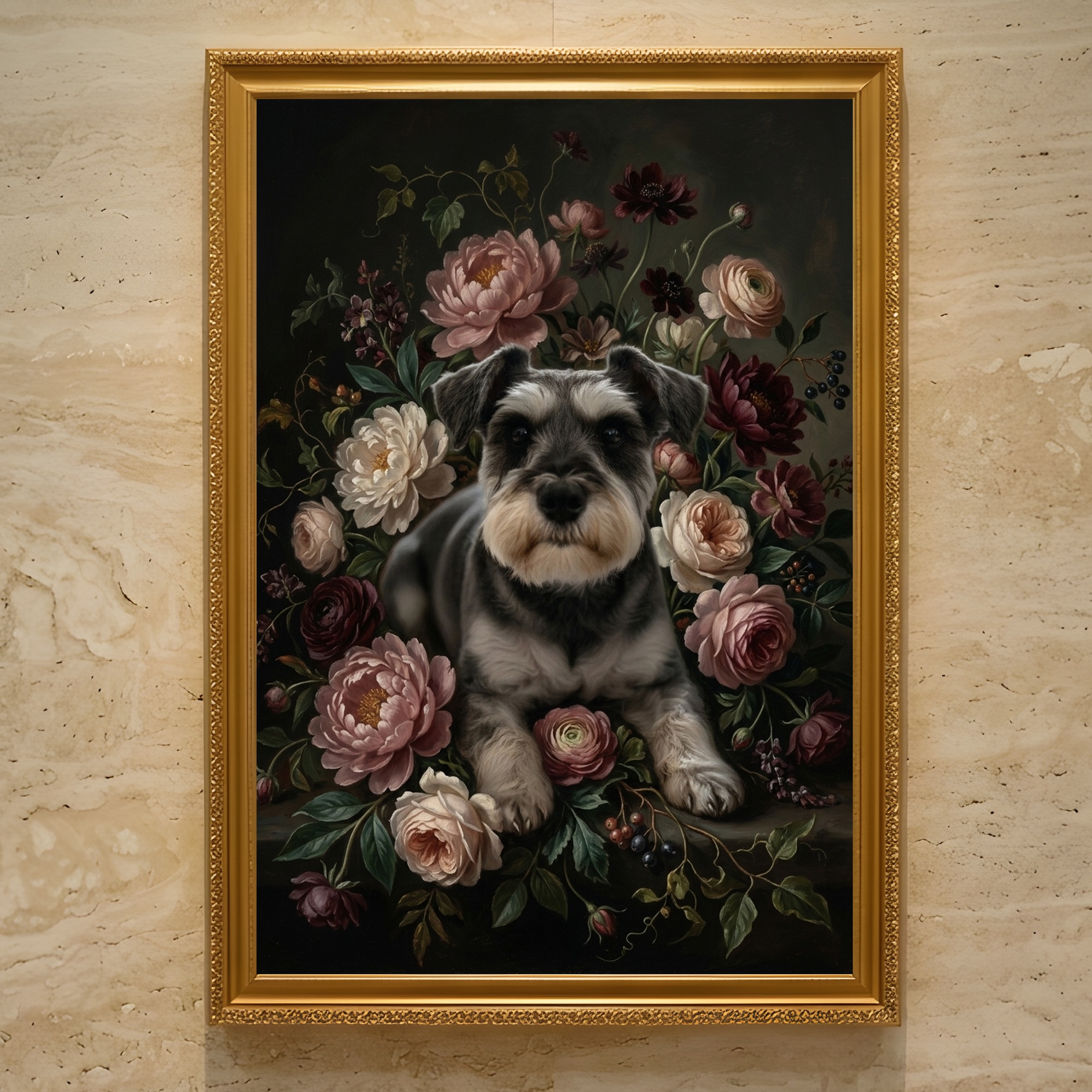 ミニチュアシュナウザーの花の油絵風アート花柄額装プリント(A3サイズ)