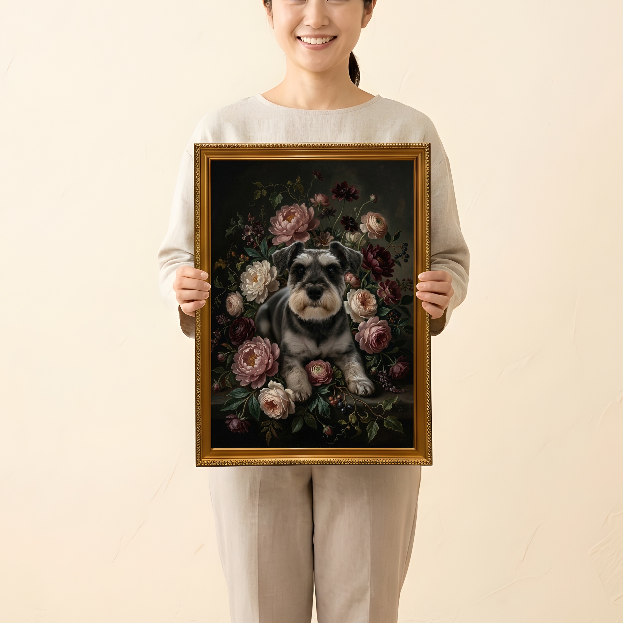 ミニチュアシュナウザーの花の油絵風アート花柄額装プリント(A3サイズ)(2枚目)