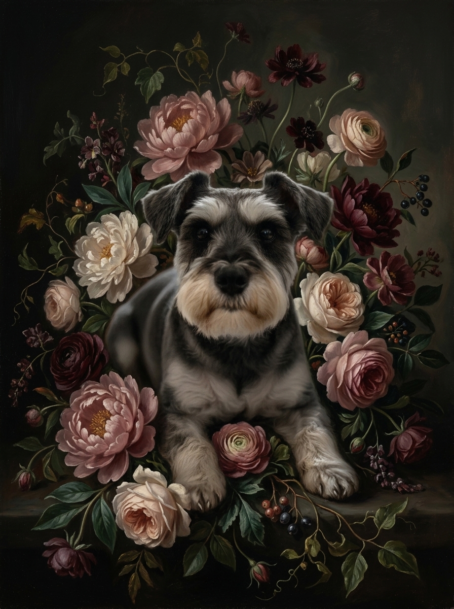 ミニチュアシュナウザーの花の油絵風アート花柄額装プリント(A3サイズ)(4枚目)