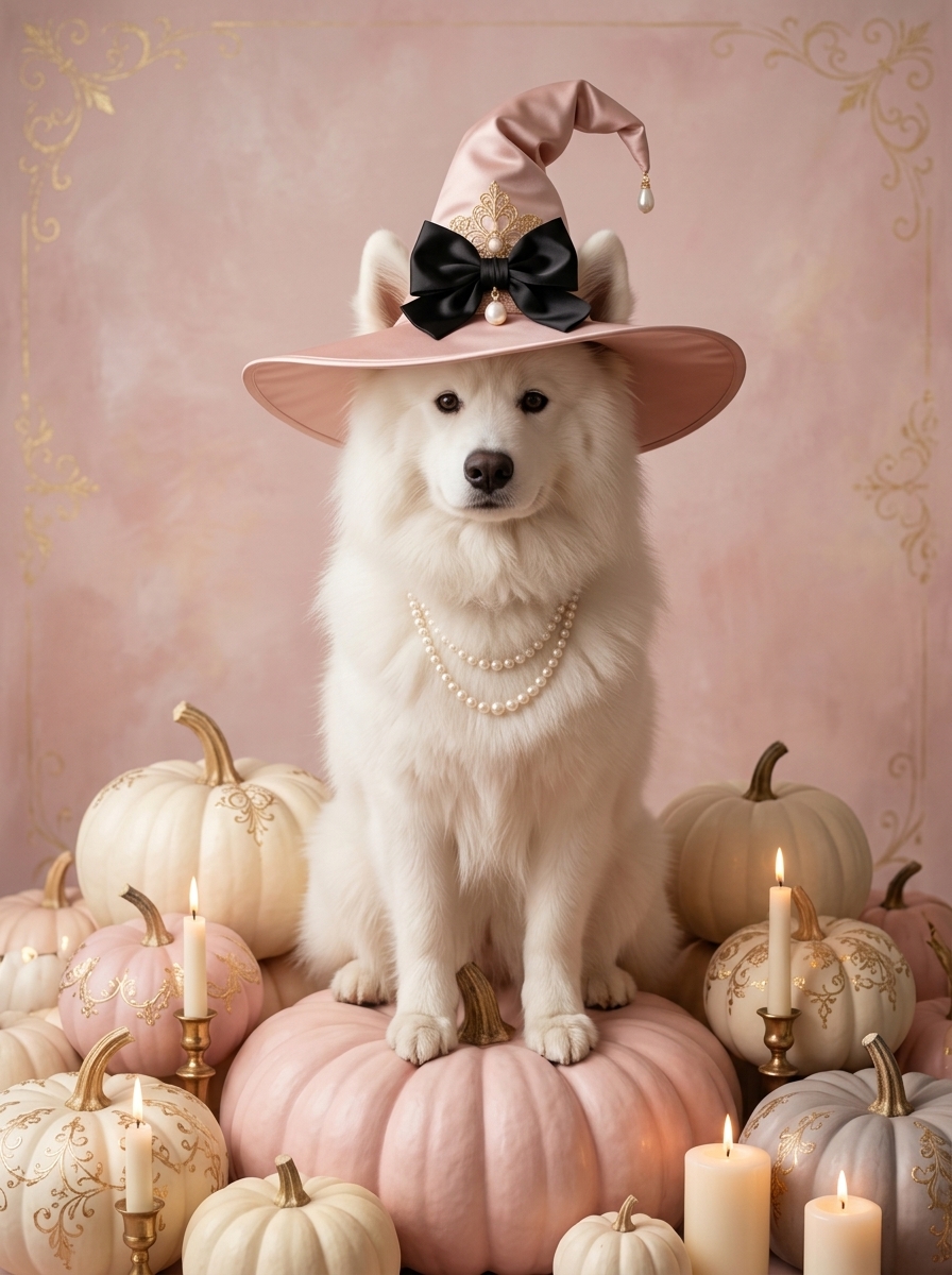 サモエドのかぼちゃとキャンドルの油絵風アートハロウィン額装プリント(A4金縁)(4枚目)