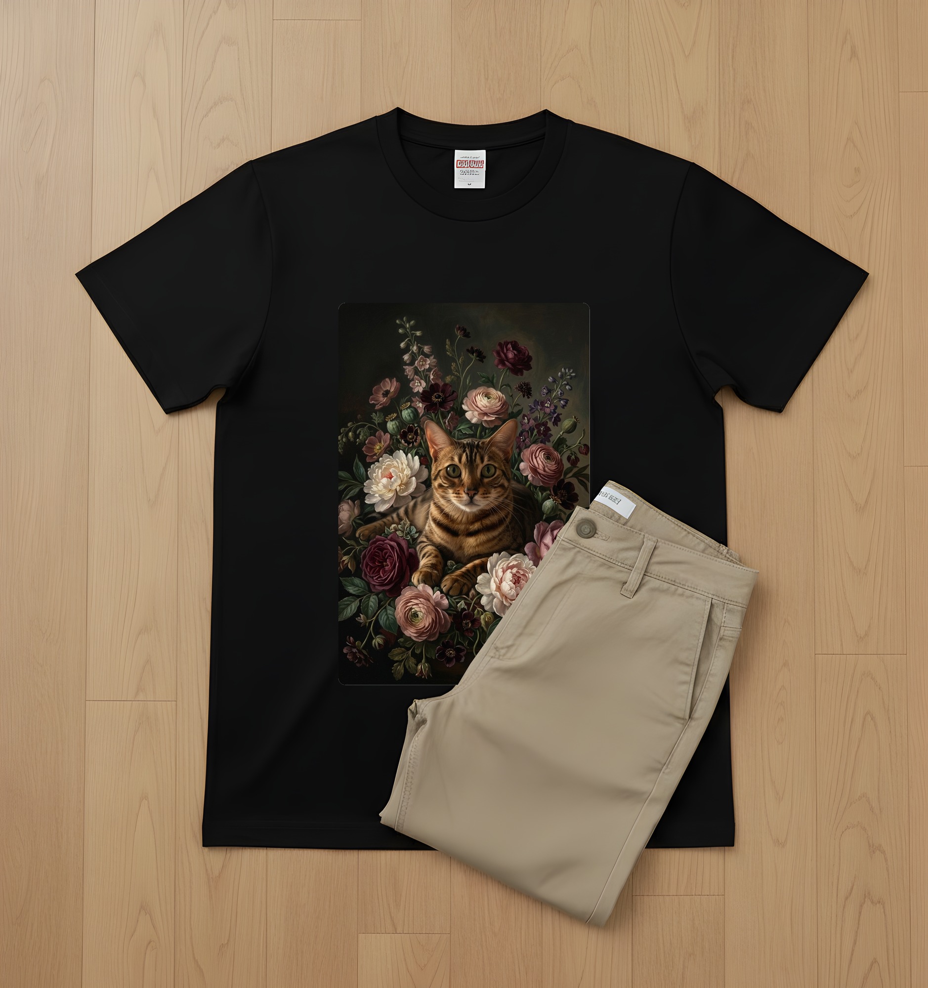 ベンガルの花の油絵風アート花柄Tシャツ（ブラック）（2枚目）