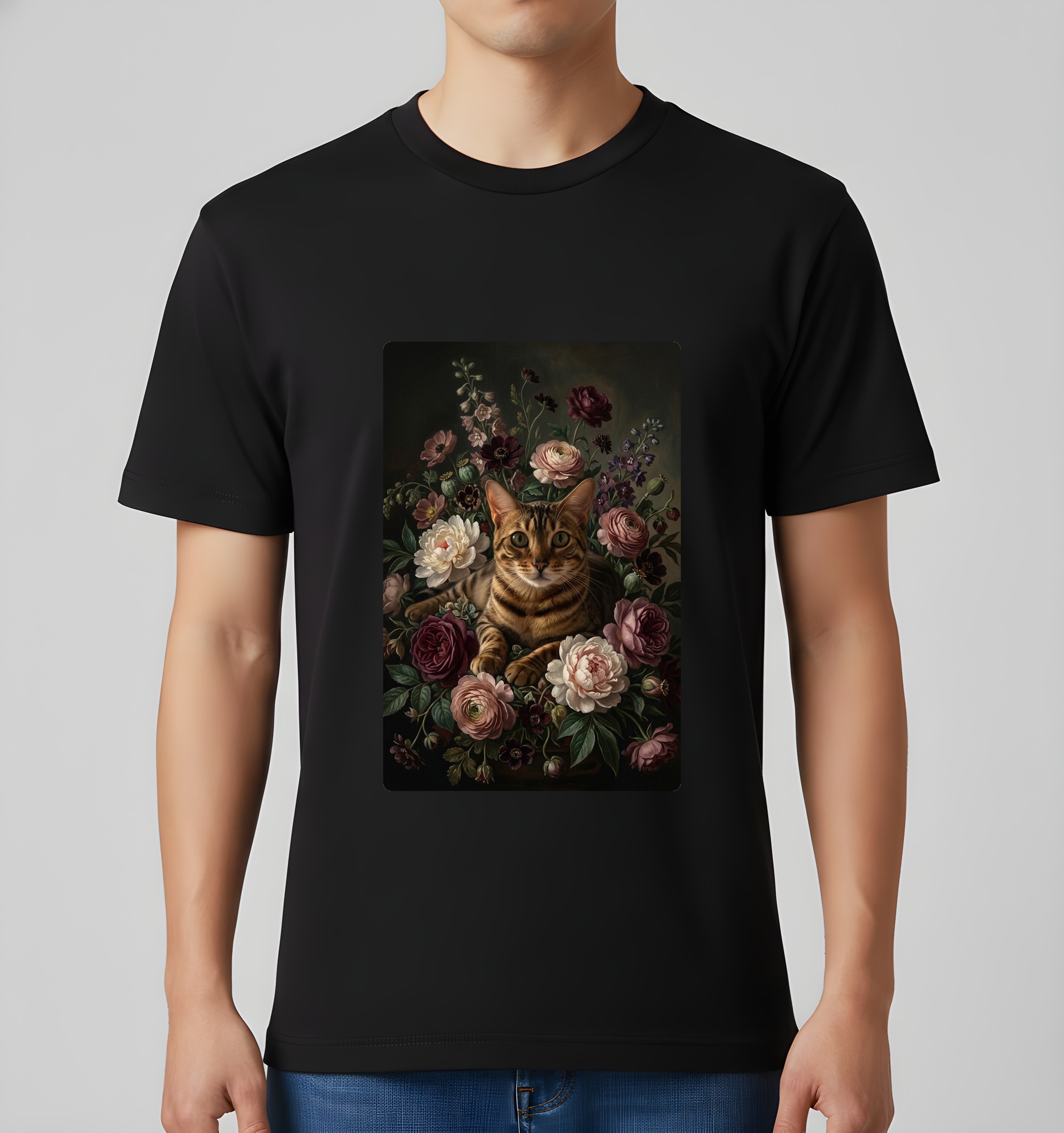 ベンガルの花の油絵風アート花柄Tシャツ（ブラック）（3枚目）