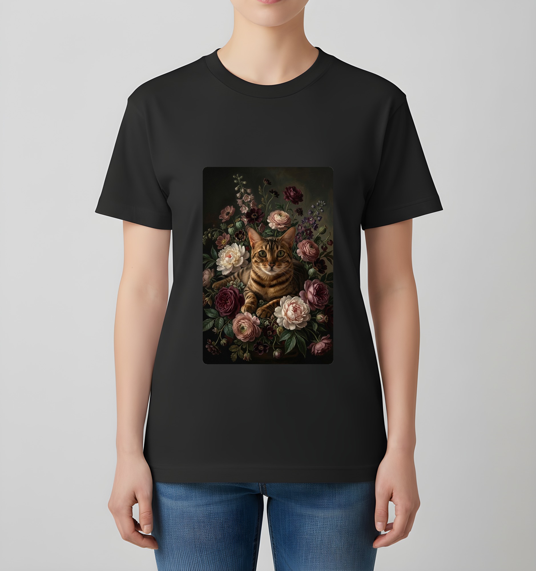 ベンガルの花の油絵風アート花柄Tシャツ（ブラック）（4枚目）