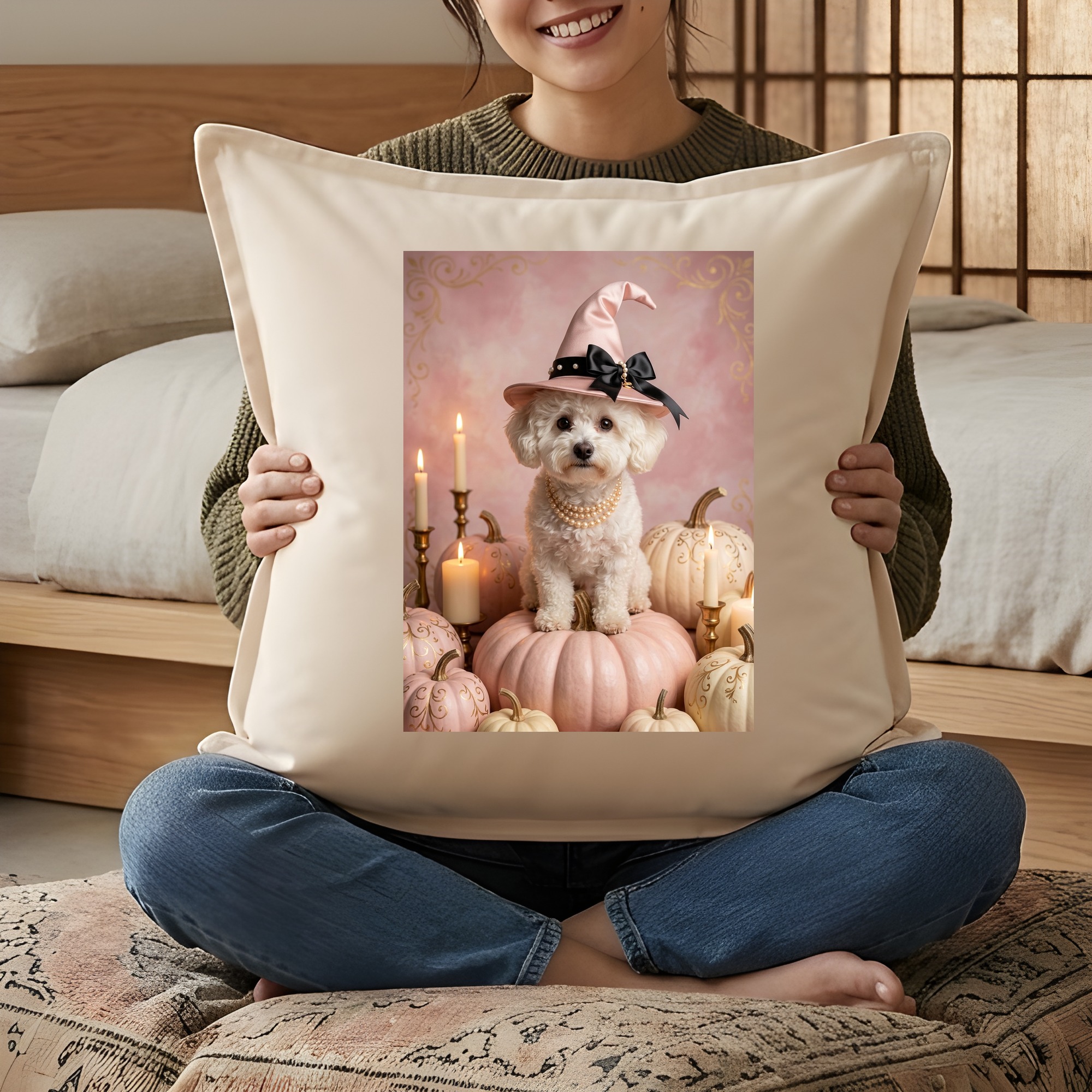 ビションフリーゼのかぼちゃとキャンドルの油絵風アートハロウィンクッション（3枚目）