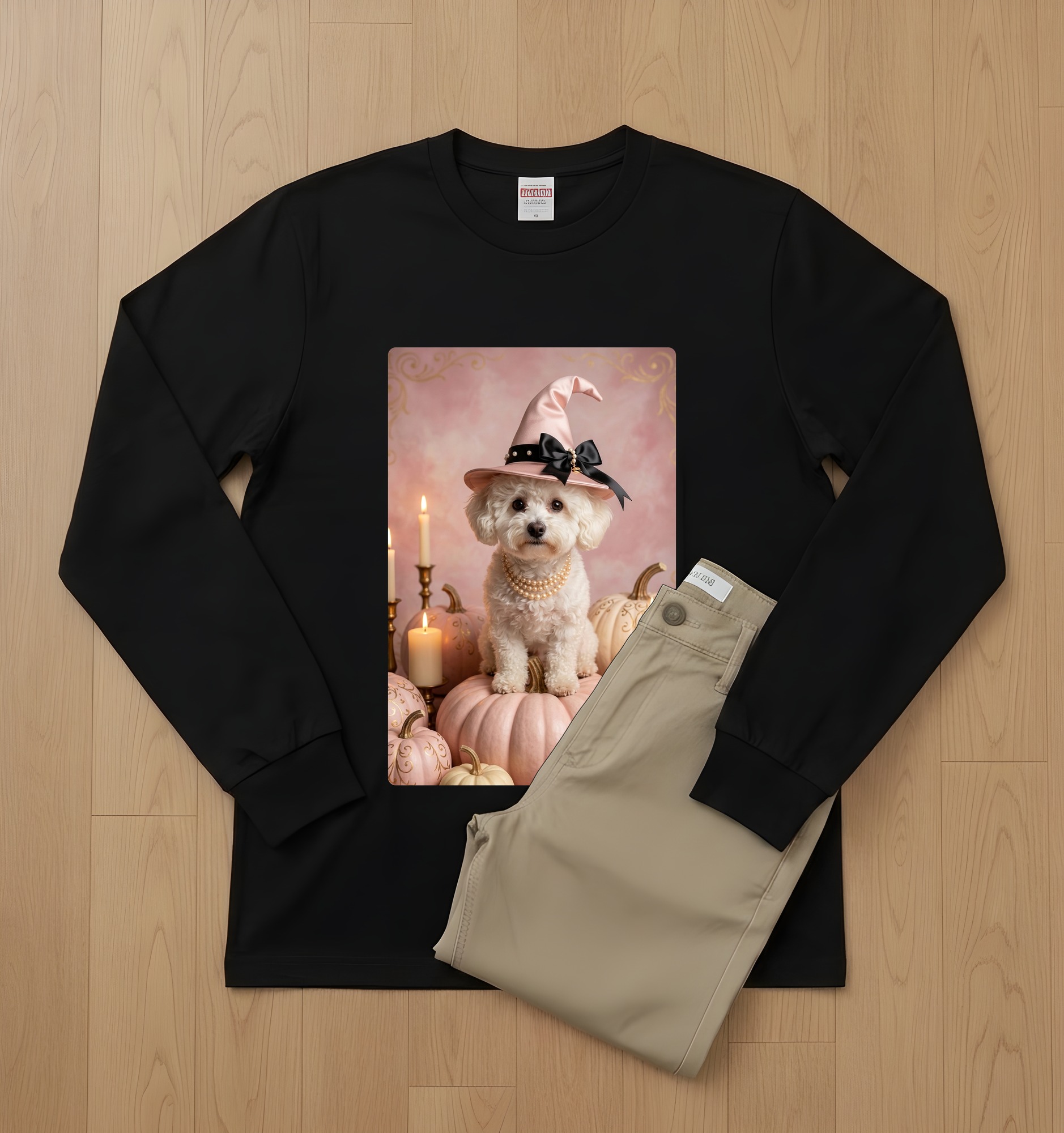 ビションフリーゼのかぼちゃとキャンドルの油絵風アートハロウィン長袖Tシャツ（ブラック）（2枚目）