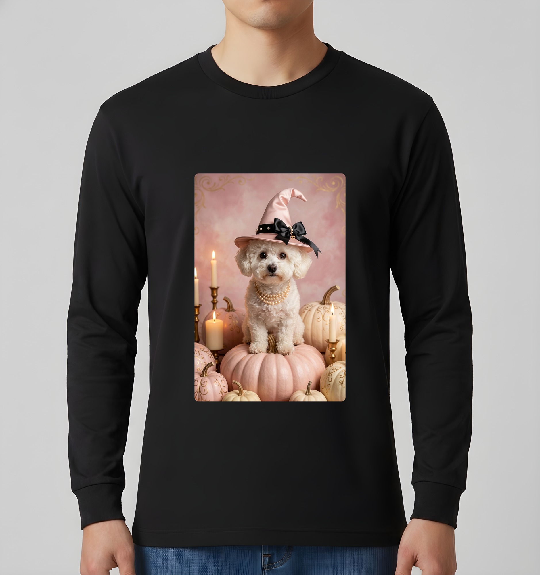 ビションフリーゼのかぼちゃとキャンドルの油絵風アートハロウィン長袖Tシャツ（ブラック）（3枚目）