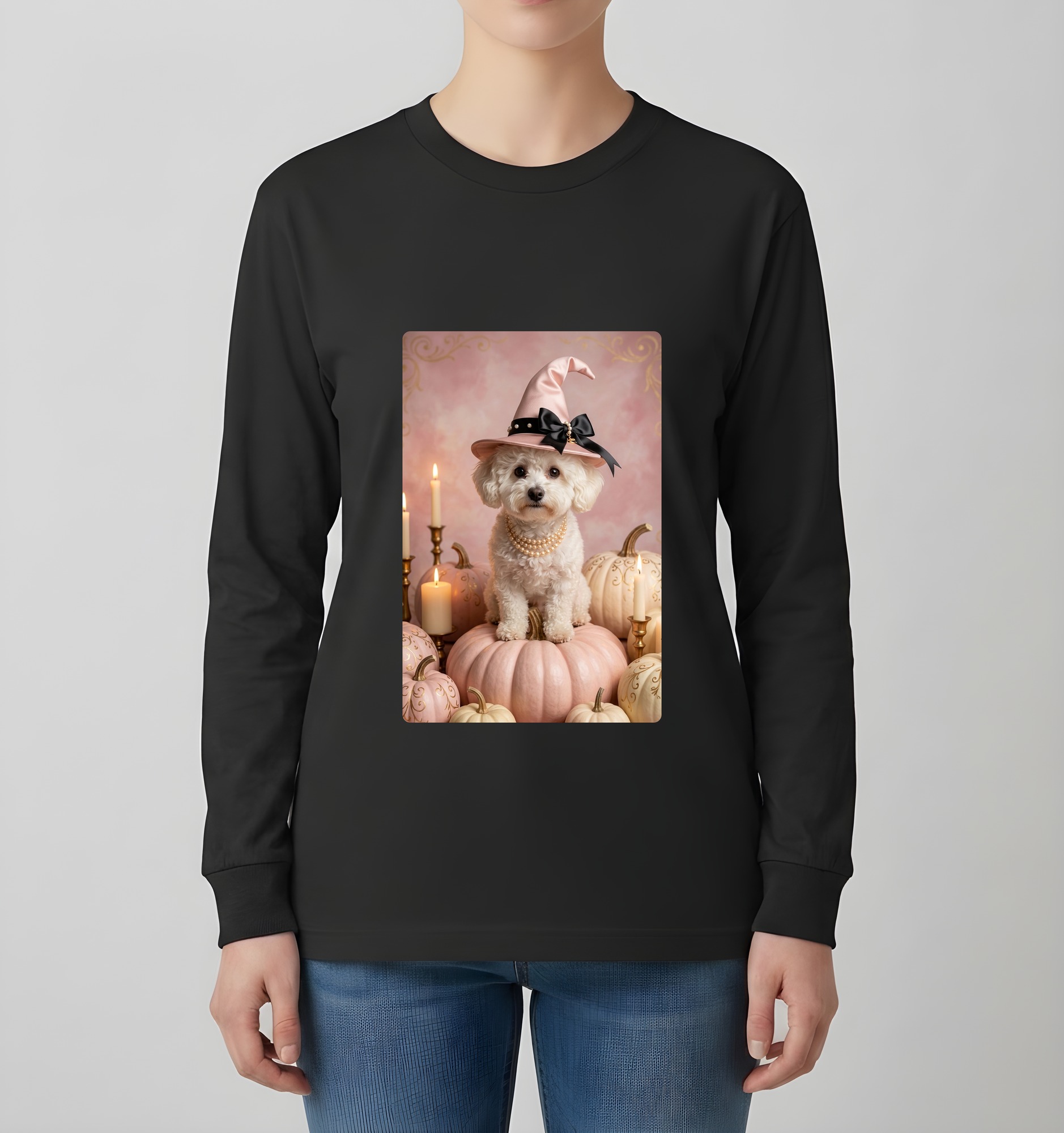 ビションフリーゼのかぼちゃとキャンドルの油絵風アートハロウィン長袖Tシャツ（ブラック）（4枚目）