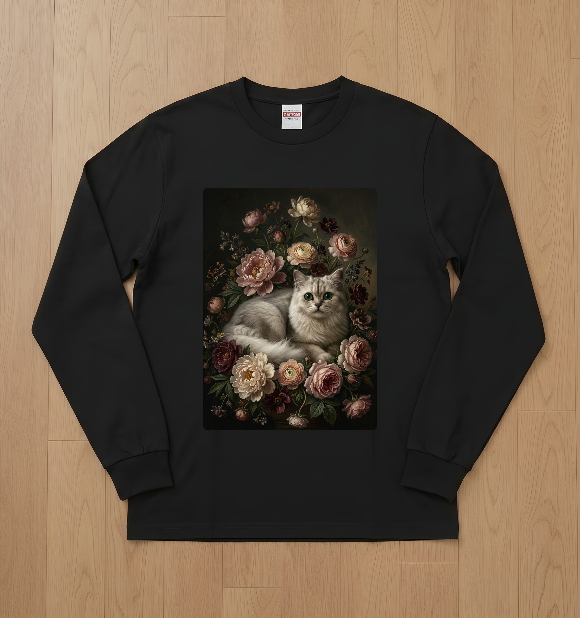 チンチラペルシャの花の油絵風アート花柄長袖Tシャツ(ブラック)