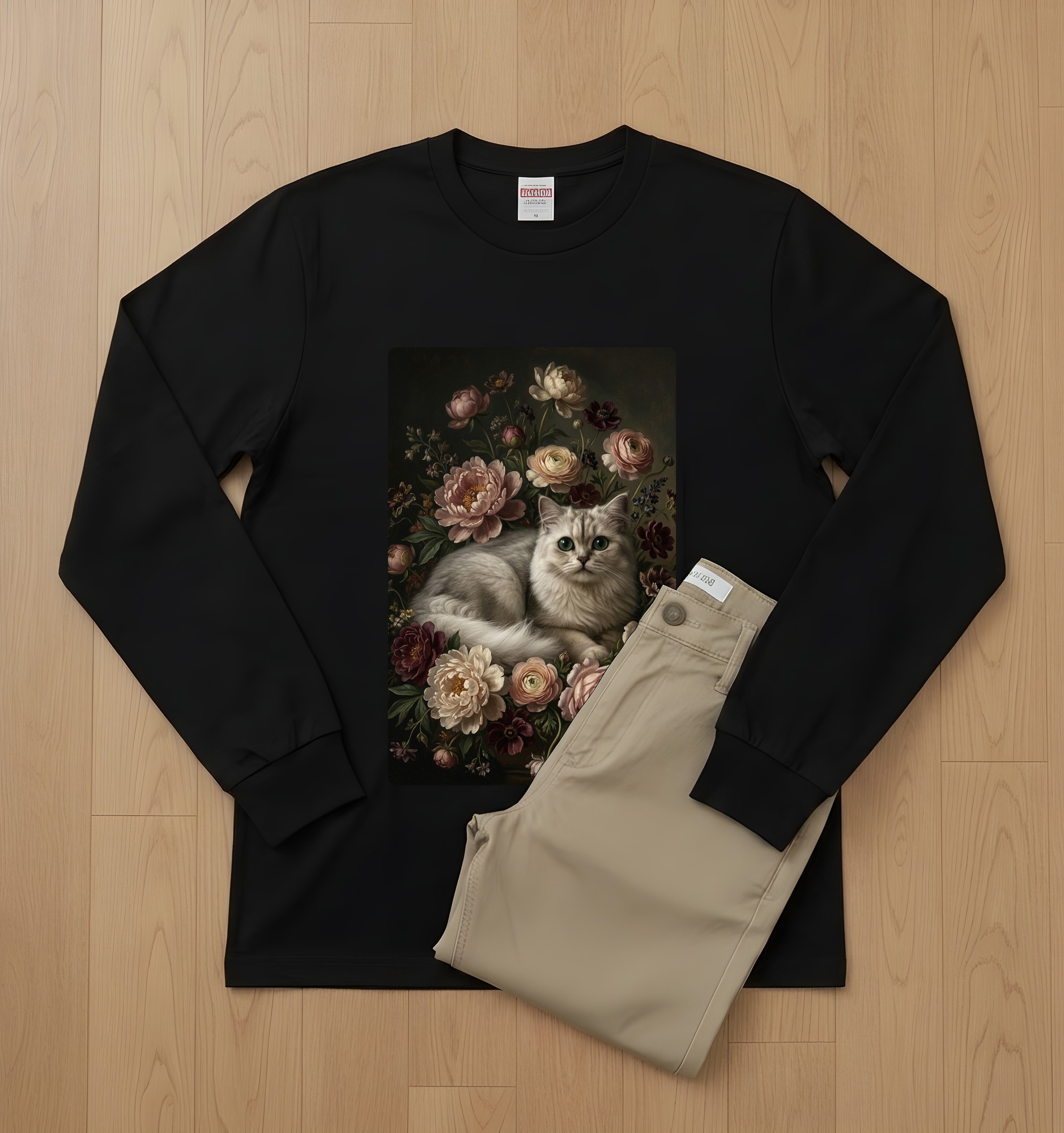 チンチラペルシャの花の油絵風アート花柄長袖Tシャツ(ブラック)(2枚目)