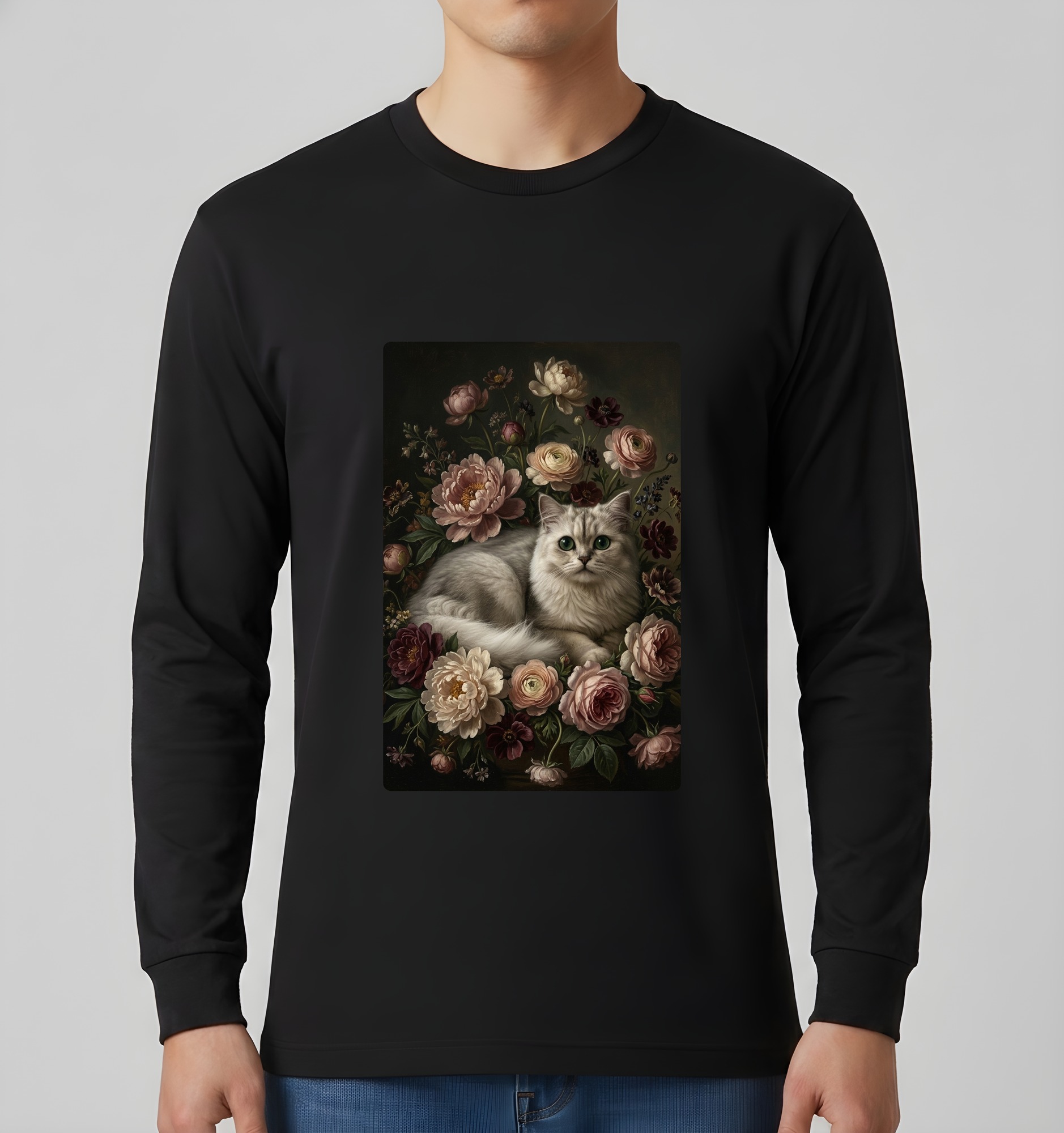 チンチラペルシャの花の油絵風アート花柄長袖Tシャツ(ブラック)(3枚目)