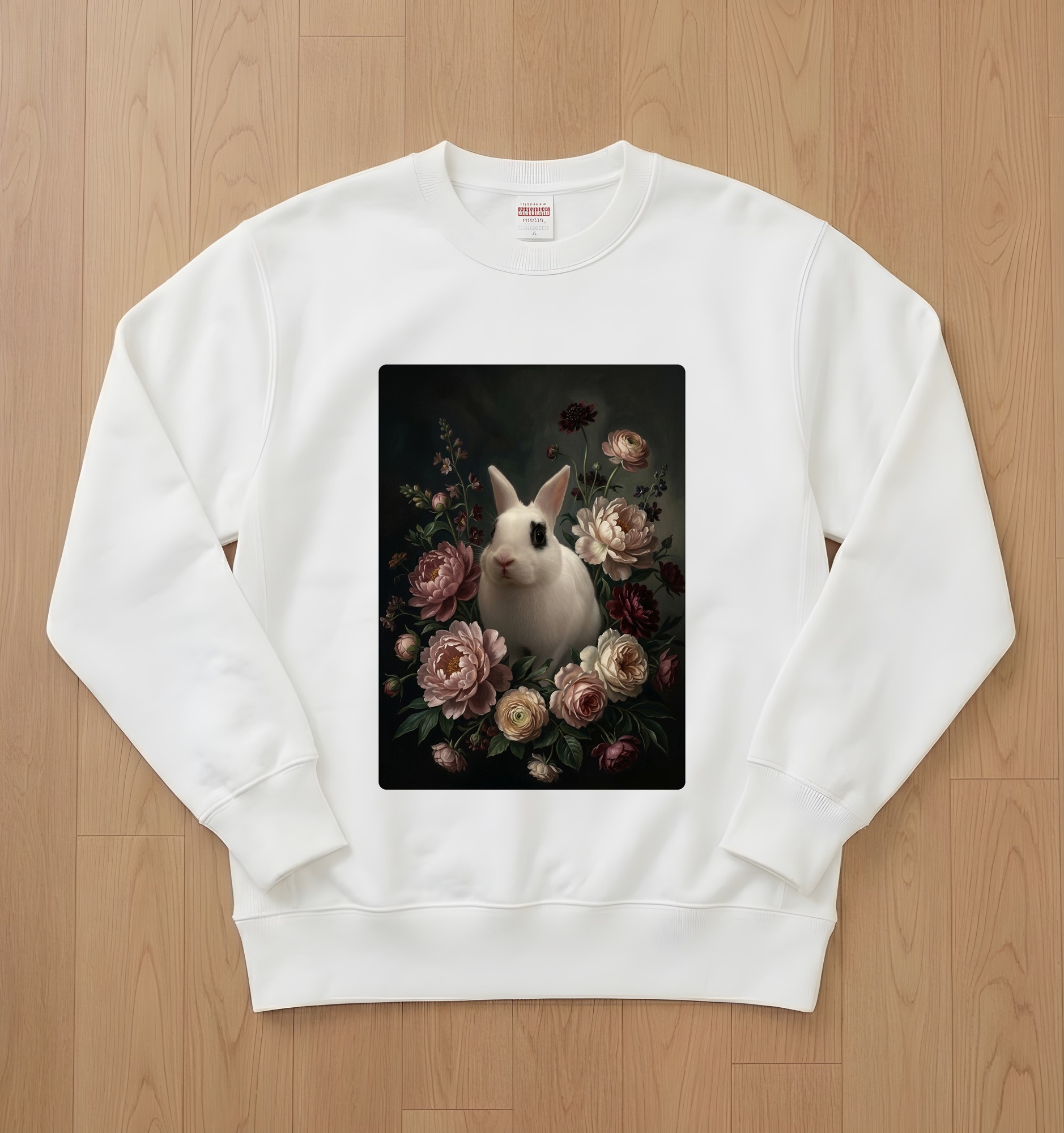 ドワーフホトの花の油絵風アート花柄トレーナー(ホワイト)