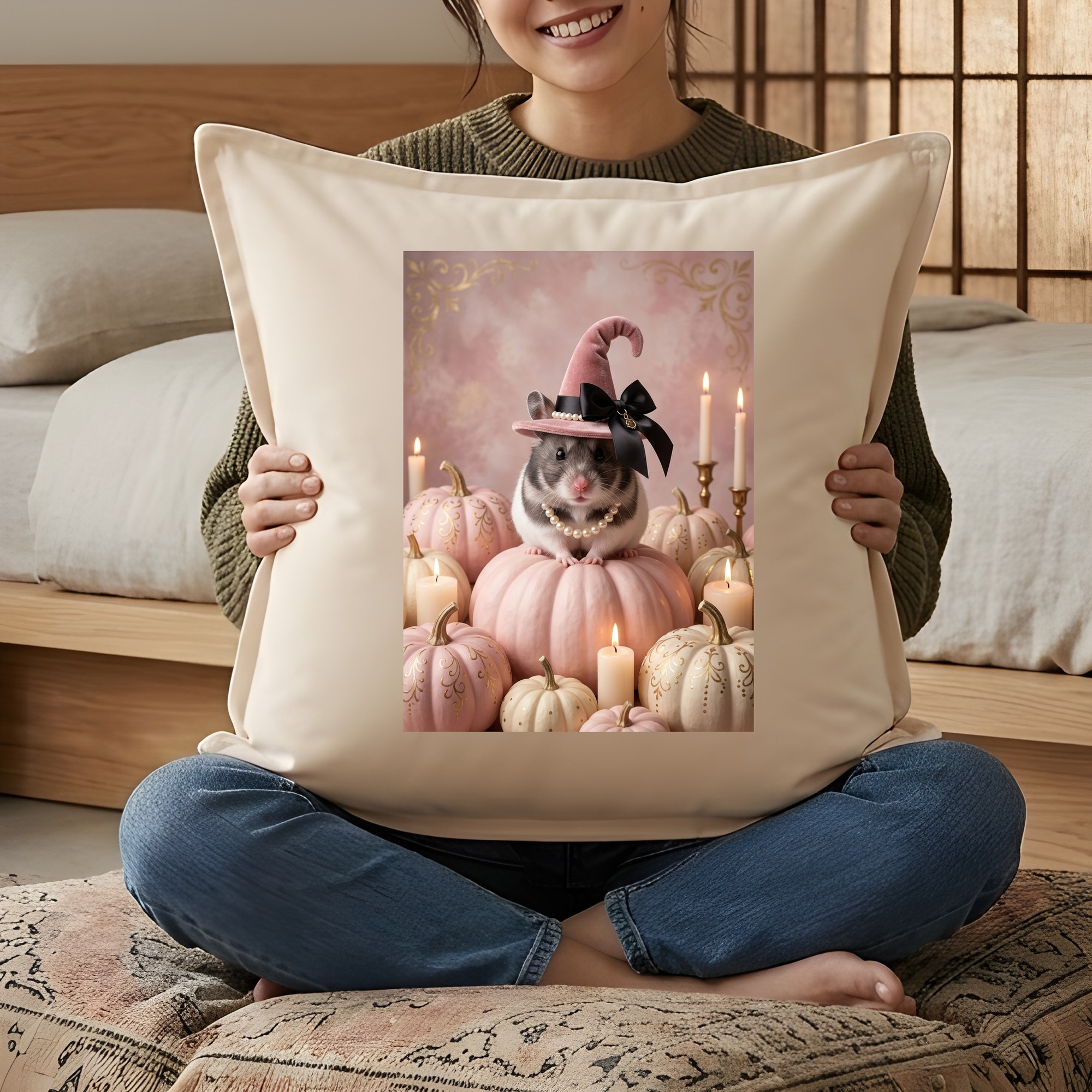 パンダハムスターのかぼちゃとキャンドルの油絵風アートハロウィンクッション（3枚目）