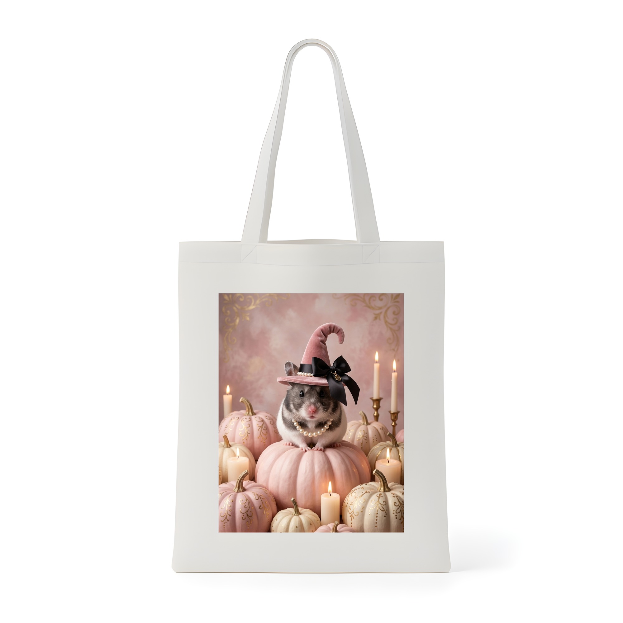 パンダハムスターのかぼちゃとキャンドルの油絵風アートハロウィントートバッグ