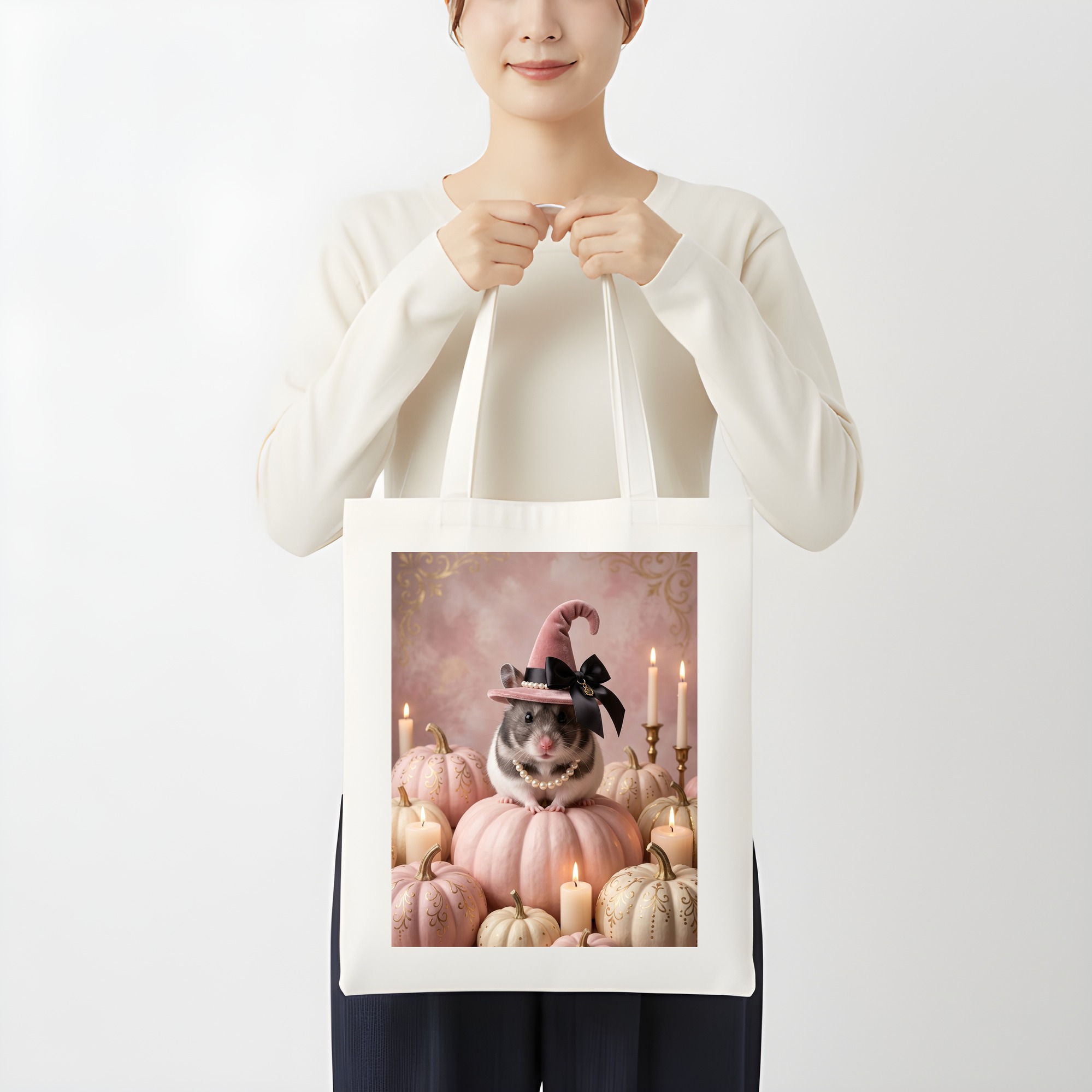 パンダハムスターのかぼちゃとキャンドルの油絵風アートハロウィントートバッグ(3枚目)