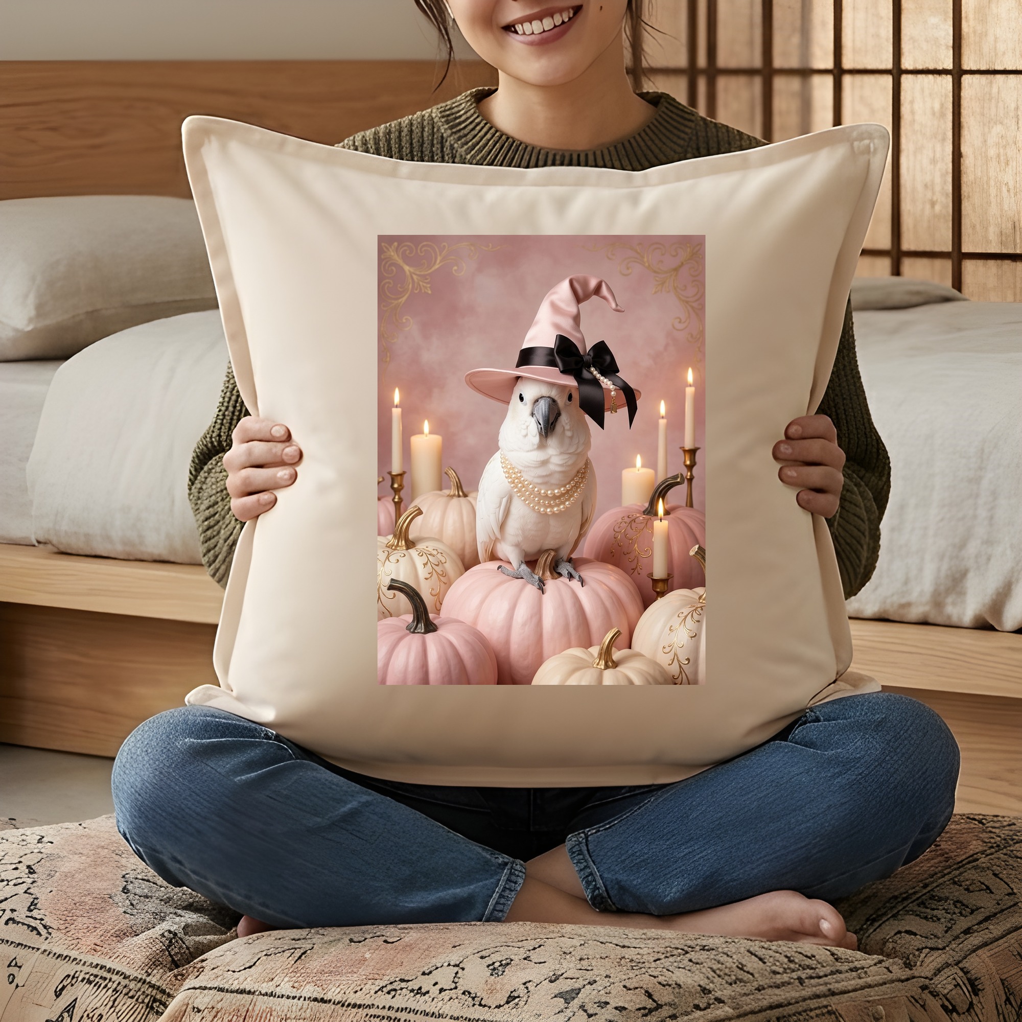 キバタンのかぼちゃとキャンドルの油絵風アートハロウィンクッション(3枚目)