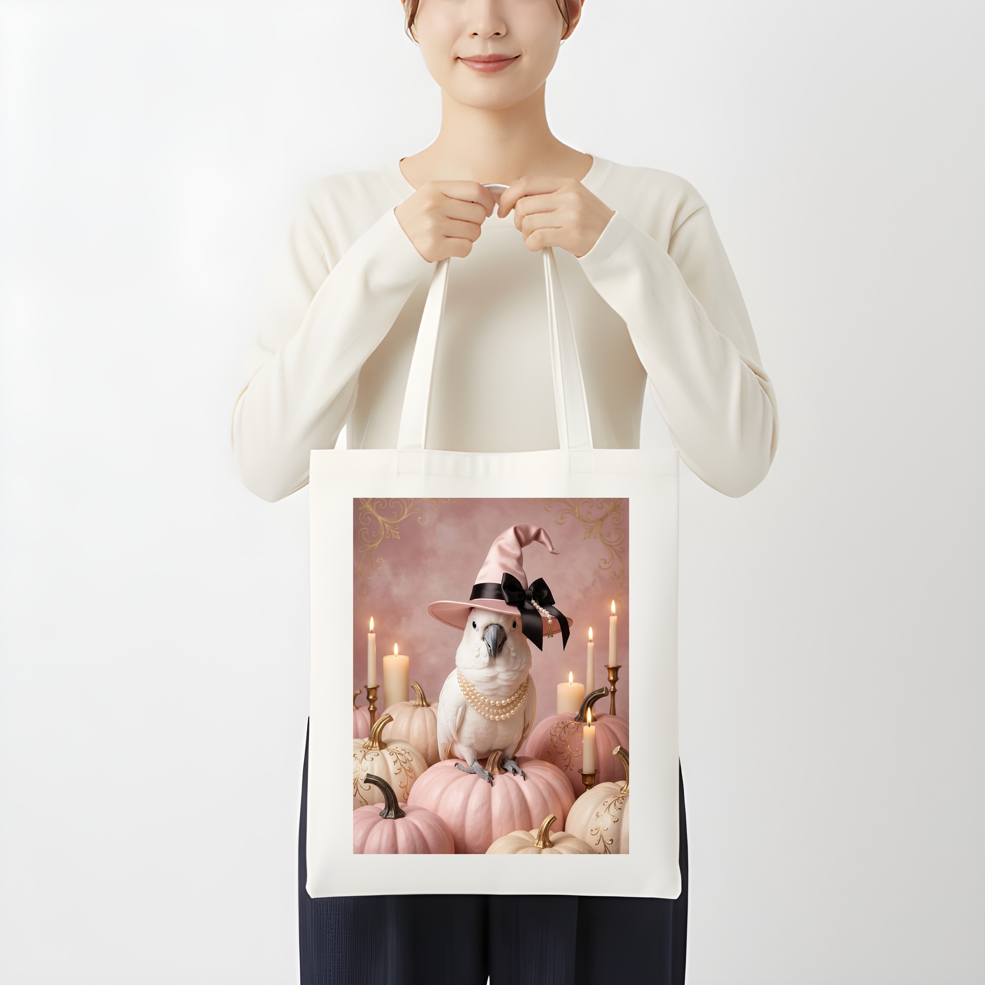 キバタンのかぼちゃとキャンドルの油絵風アートハロウィントートバッグ(3枚目)