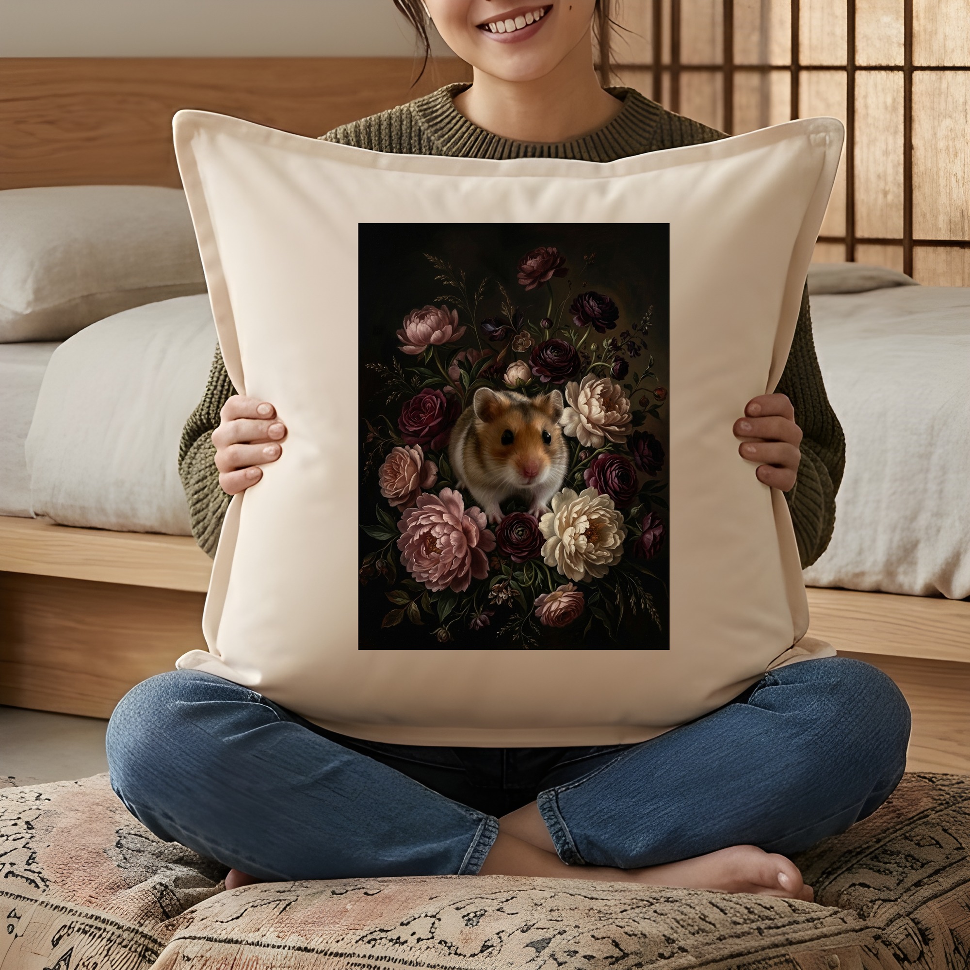 キャンベルハムスターの花の油絵風アート花柄クッション（3枚目）