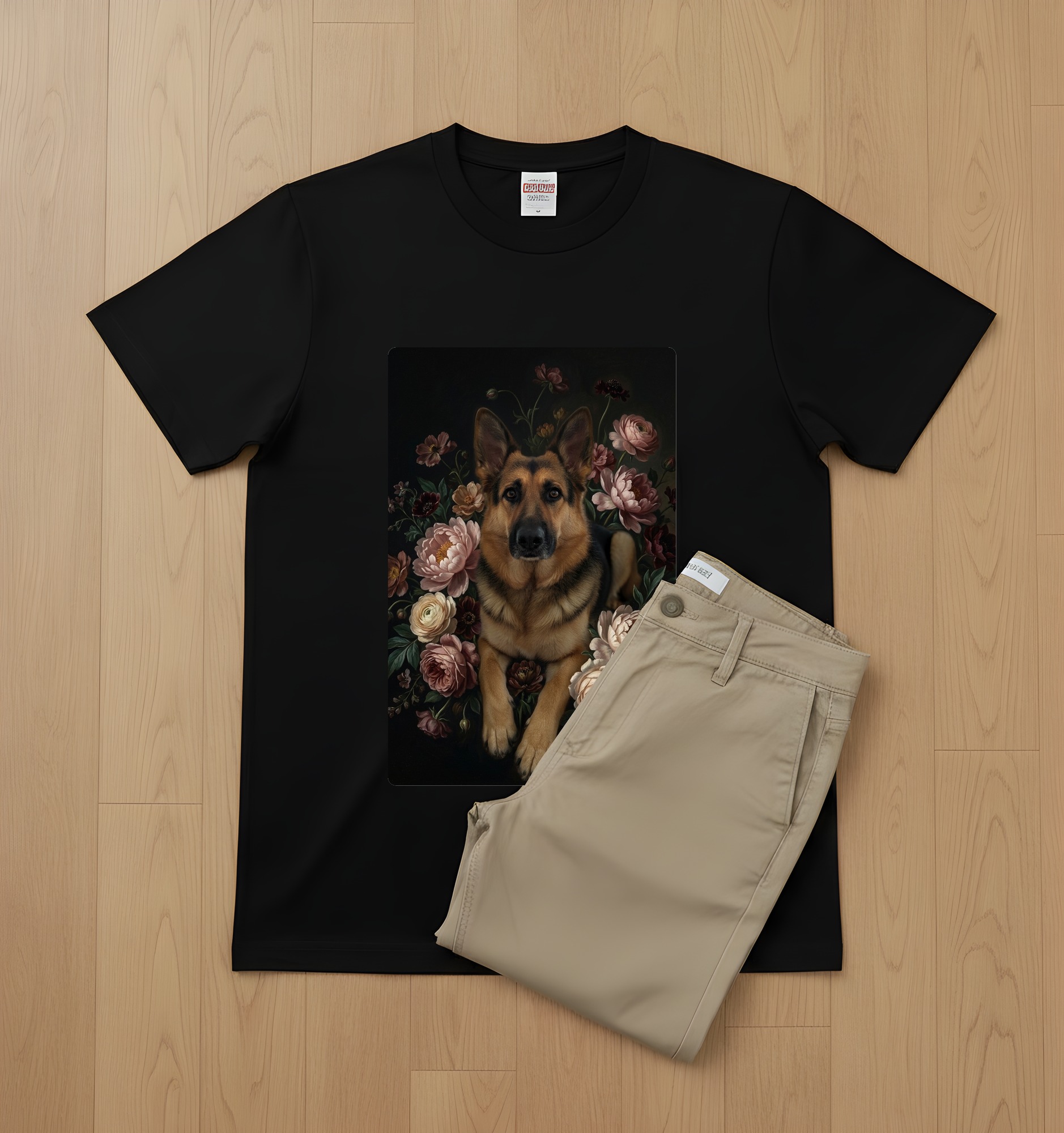 ジャーマンシェパードの花の油絵風アート花柄Tシャツ（ブラック）（2枚目）