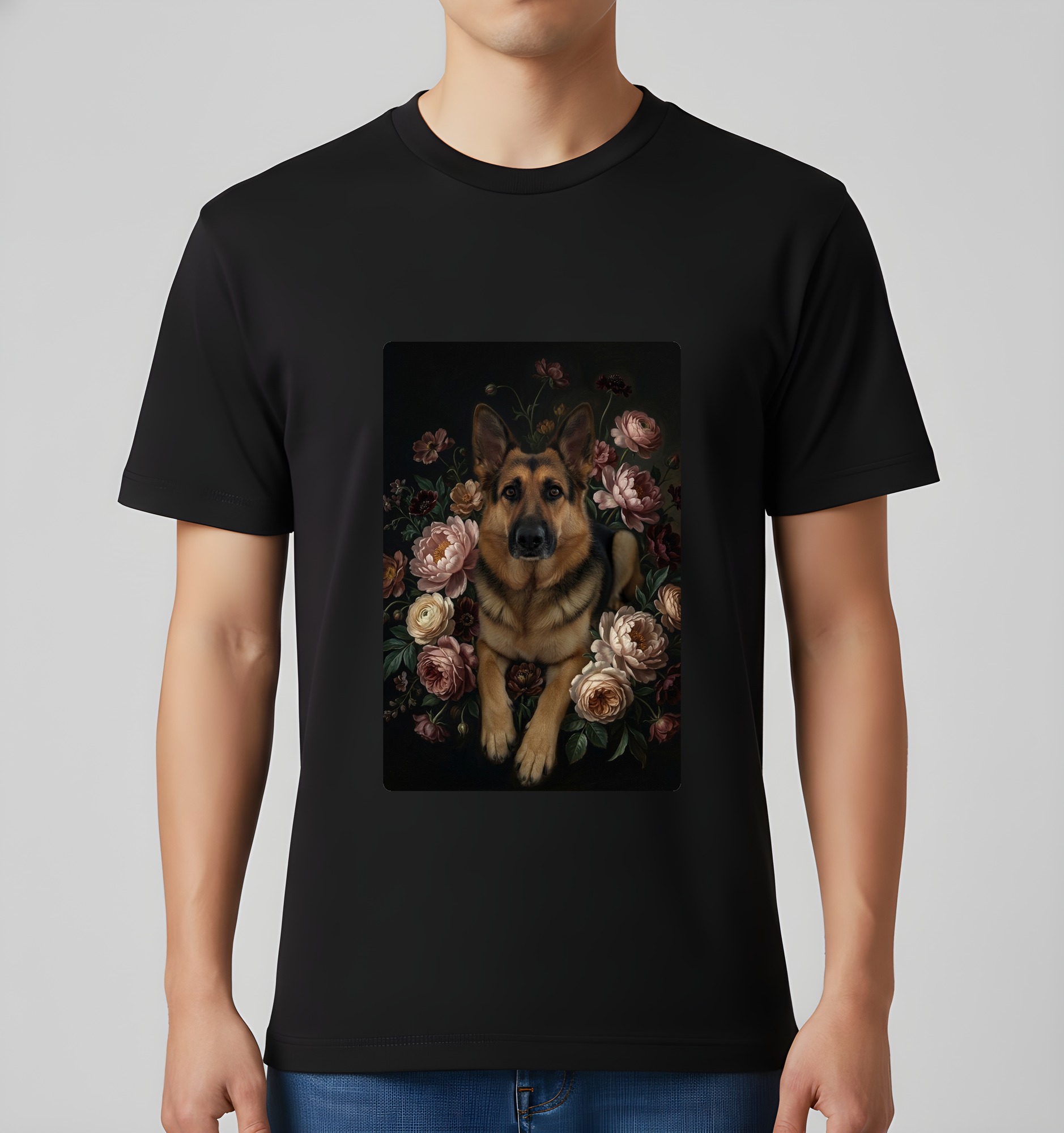 ジャーマンシェパードの花の油絵風アート花柄Tシャツ（ブラック）（3枚目）