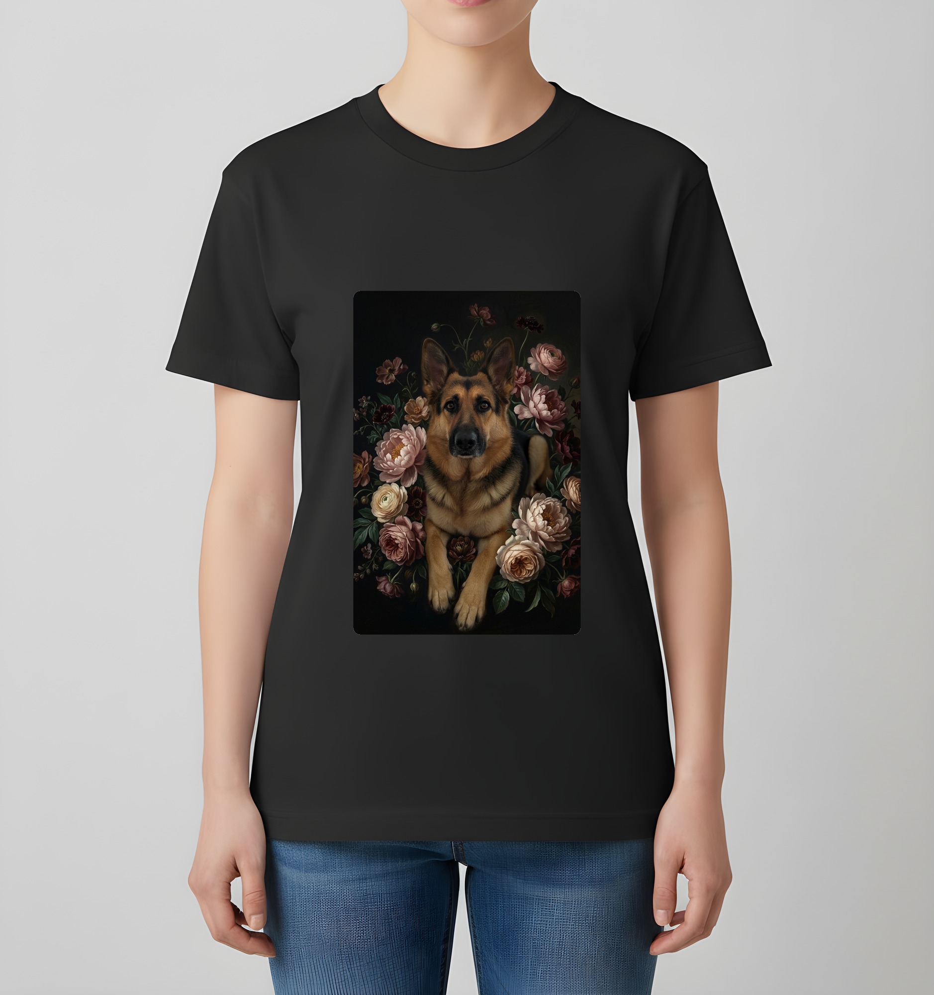 ジャーマンシェパードの花の油絵風アート花柄Tシャツ（ブラック）（4枚目）