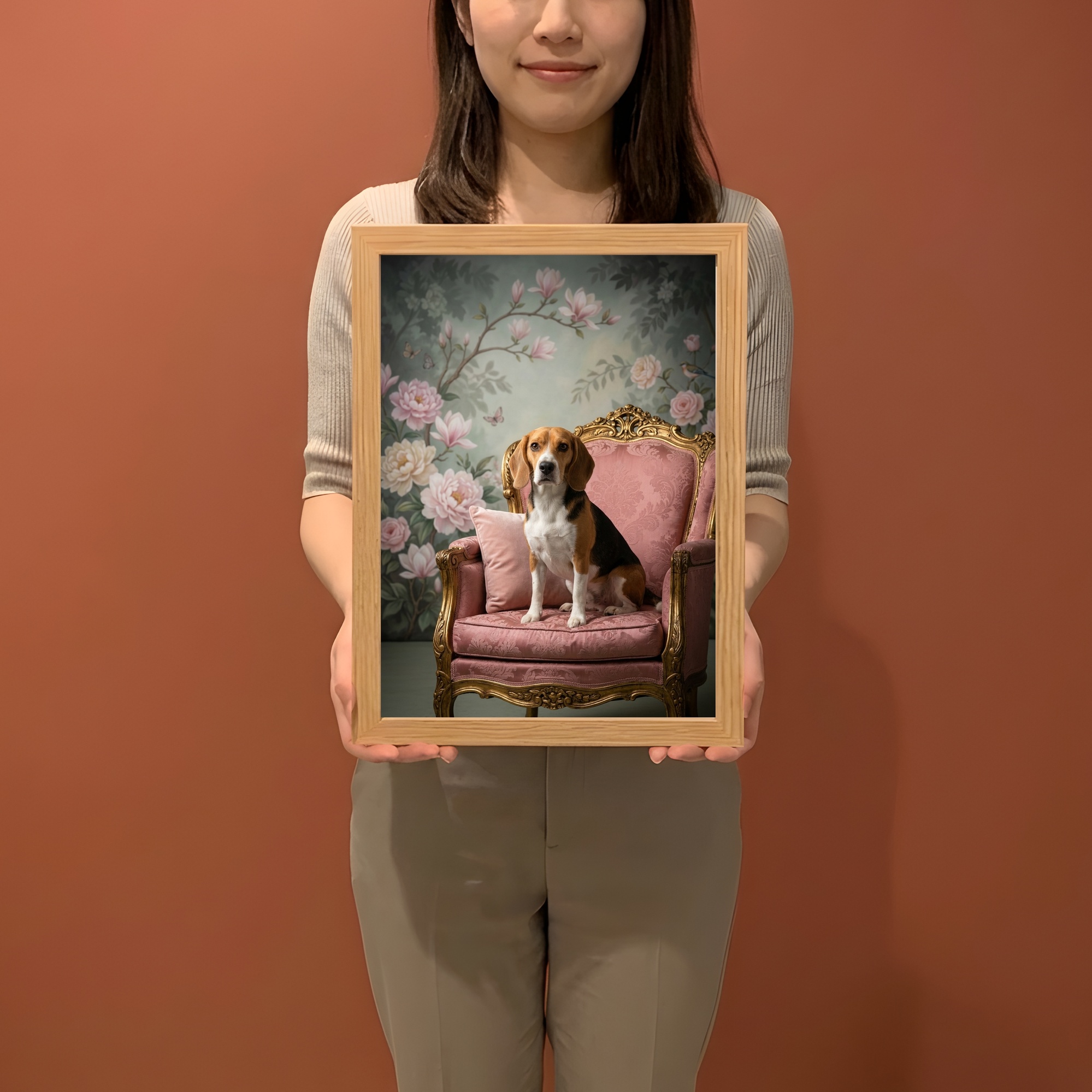 ビーグルのシャビーピンクの油絵風アートロココ調額装プリント(A4サイズ)(2枚目)