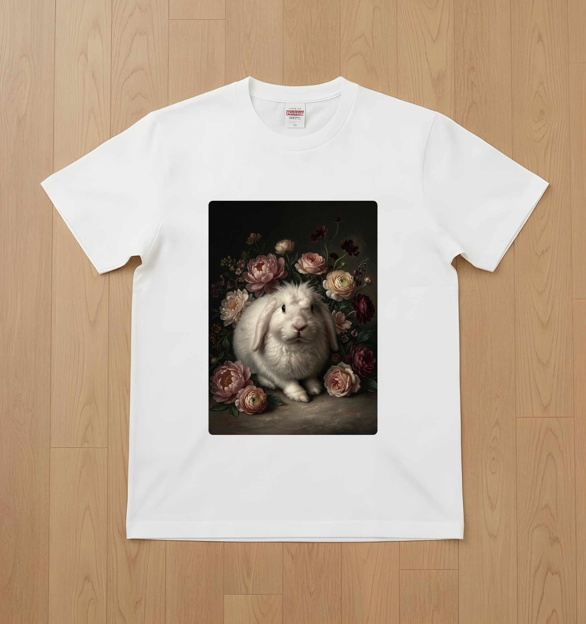 フレンチアンゴラの花の油絵風アート花柄Tシャツ(ホワイト)