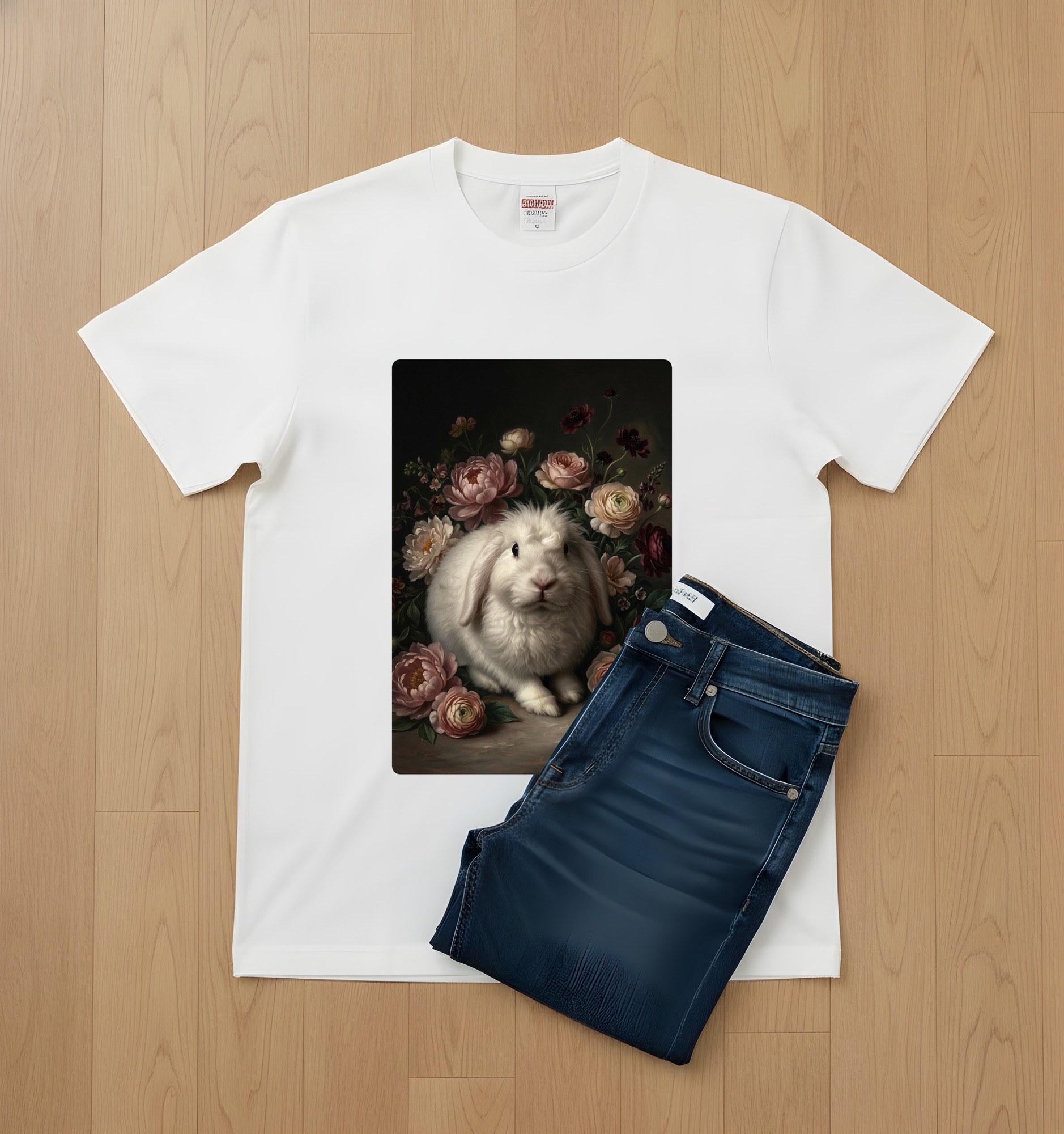 フレンチアンゴラの花の油絵風アート花柄Tシャツ(ホワイト)(2枚目)