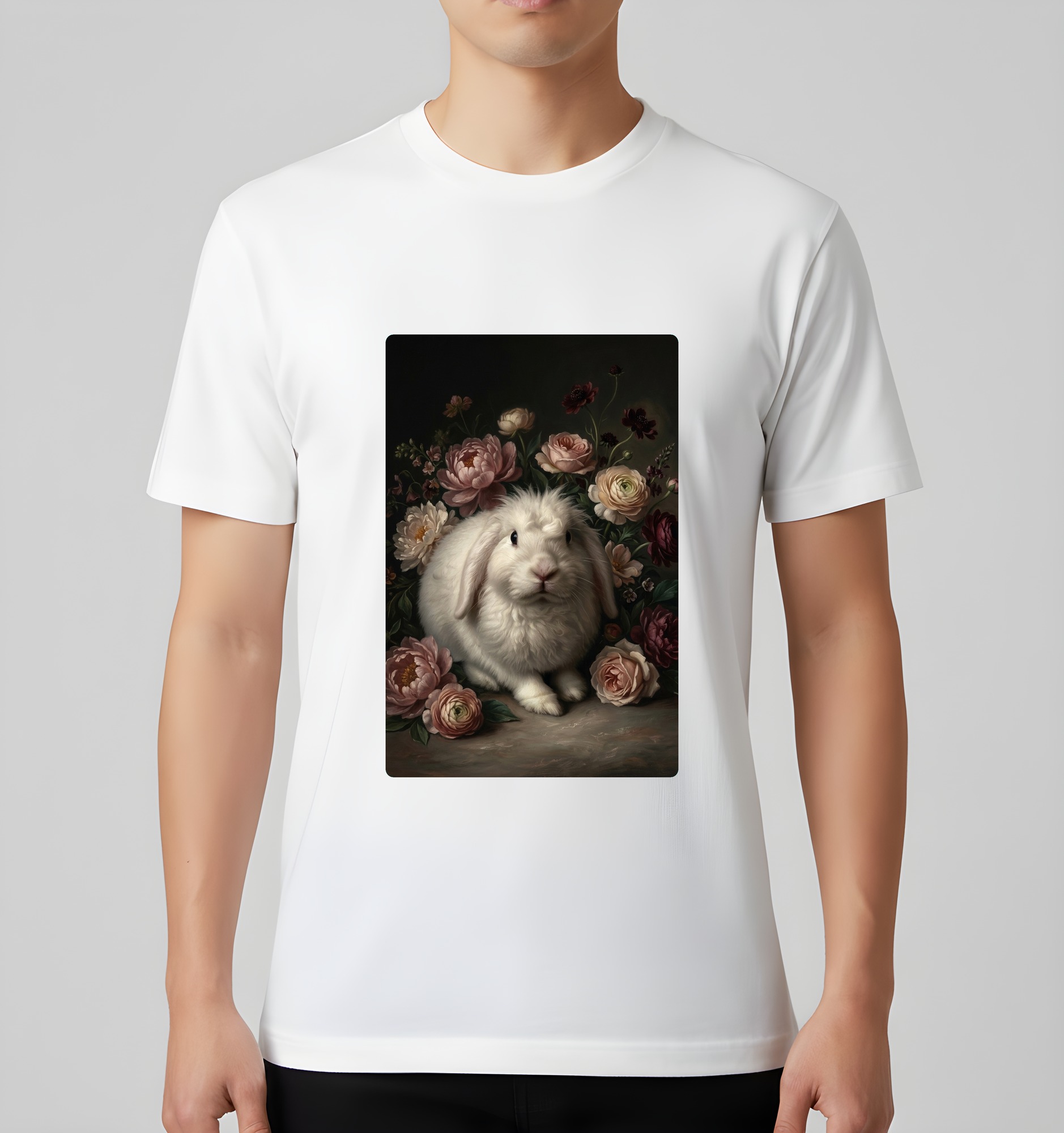 フレンチアンゴラの花の油絵風アート花柄Tシャツ(ホワイト)(3枚目)