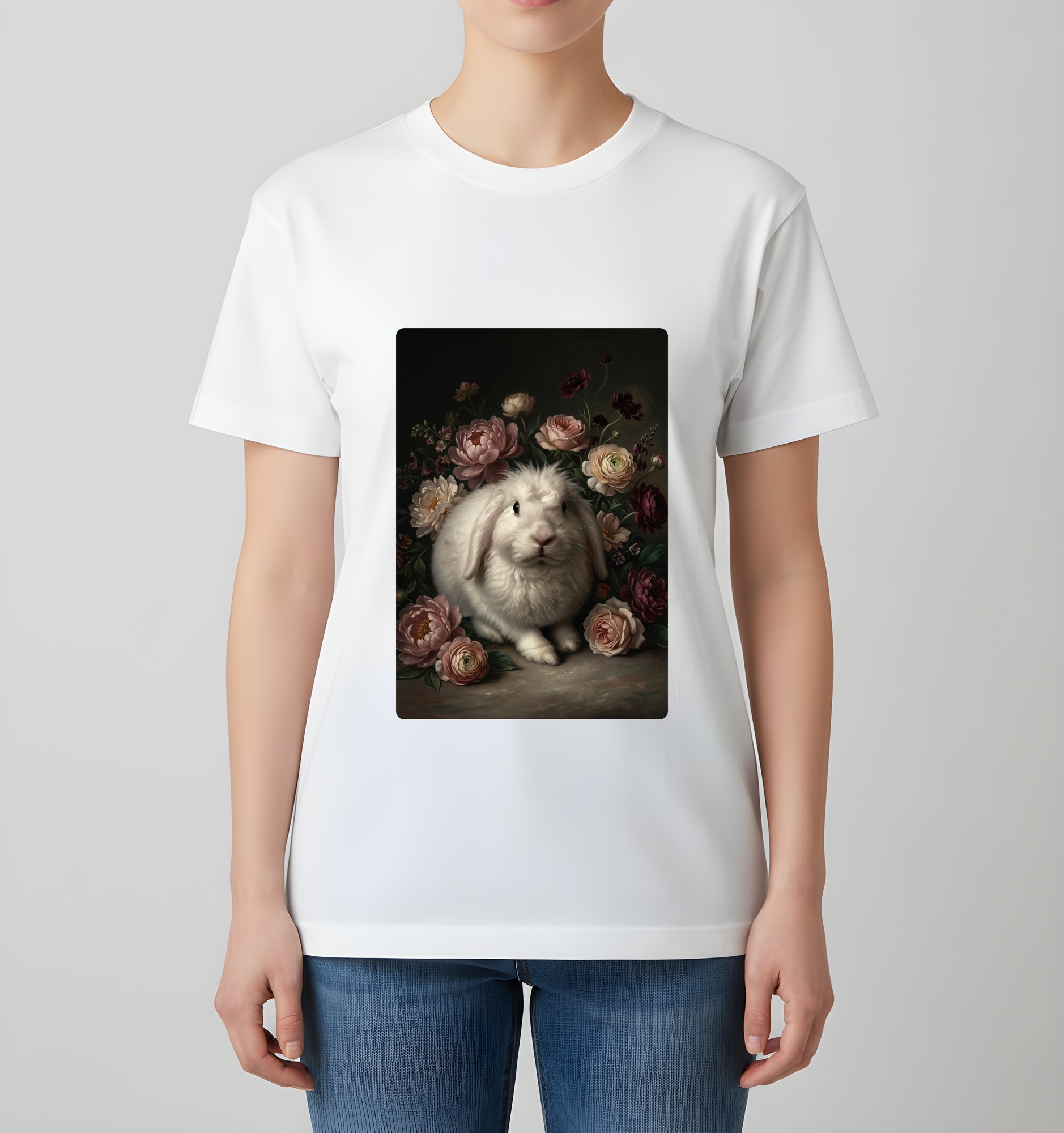 フレンチアンゴラの花の油絵風アート花柄Tシャツ(ホワイト)(4枚目)