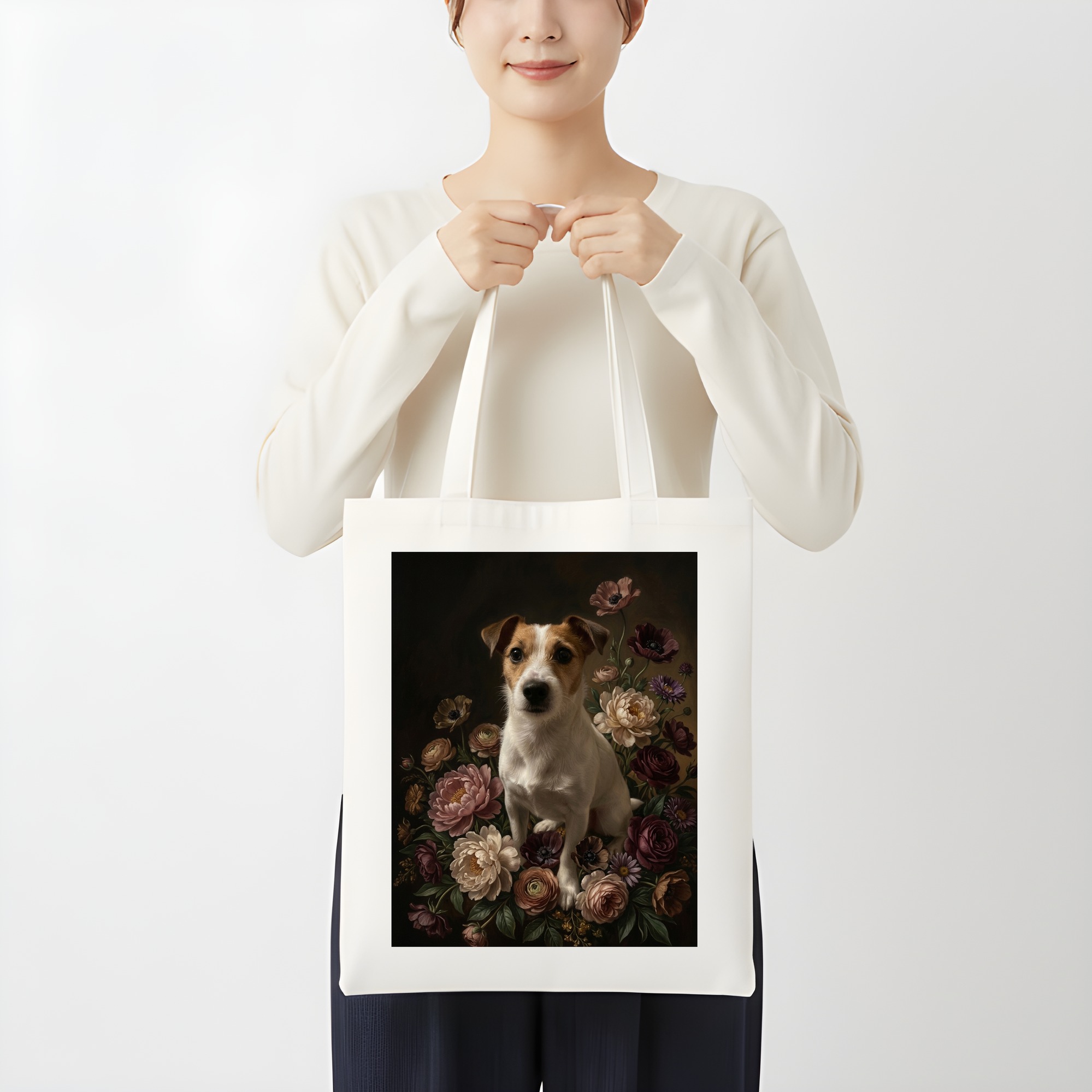 ジャックラッセルテリアの花の油絵風アート花柄トートバッグ（3枚目）