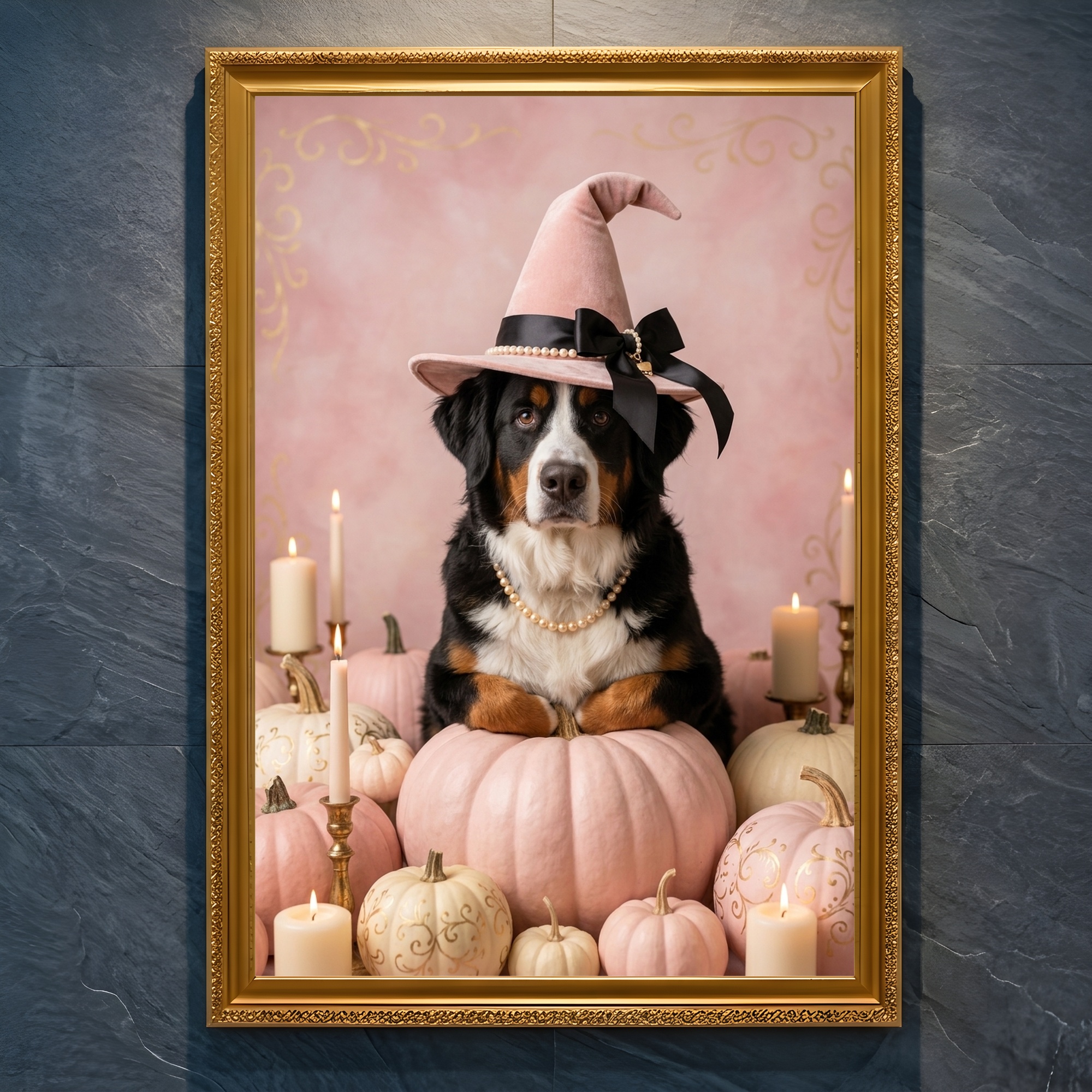 バーニーズマウンテンドッグのかぼちゃとキャンドルの油絵風アートハロウィン額装プリント(A4金縁)