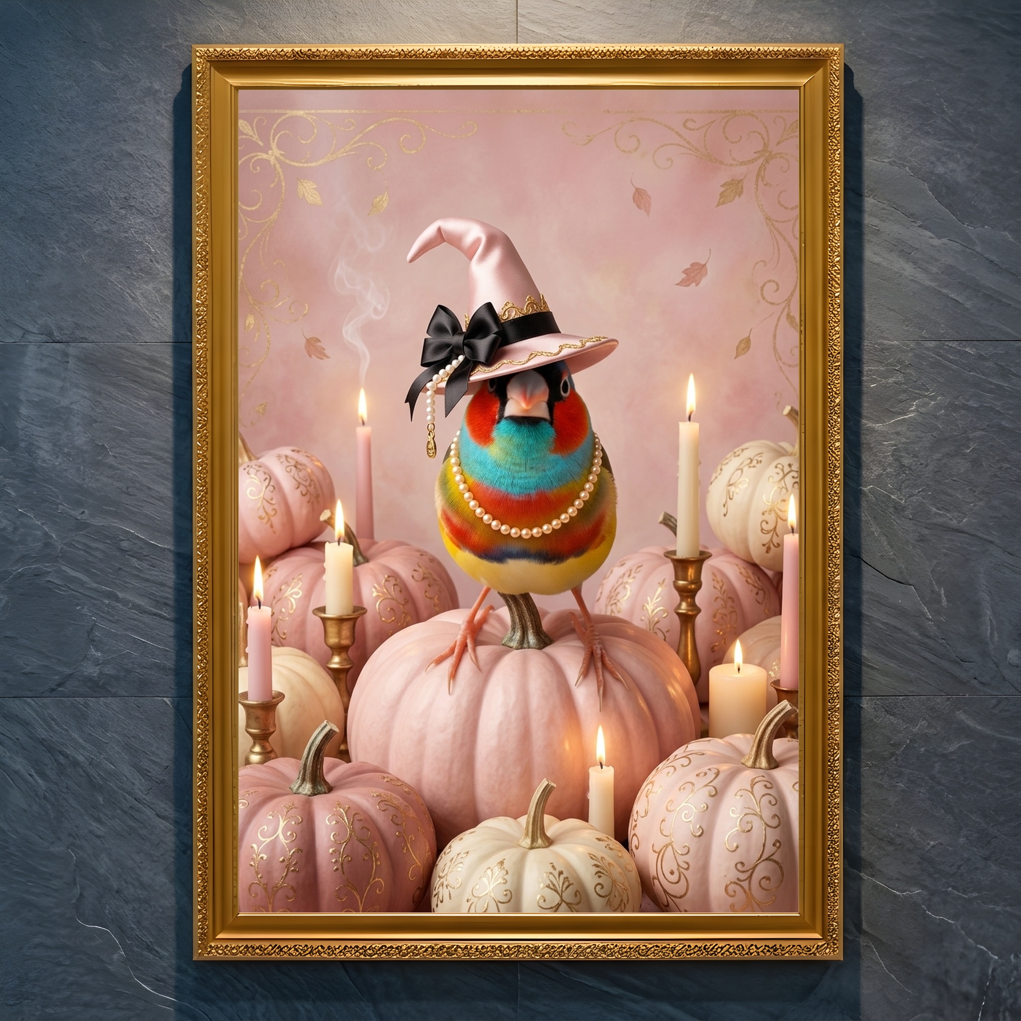 コキンチョウのかぼちゃとキャンドルの油絵風アートハロウィン額装プリント(A4金縁)