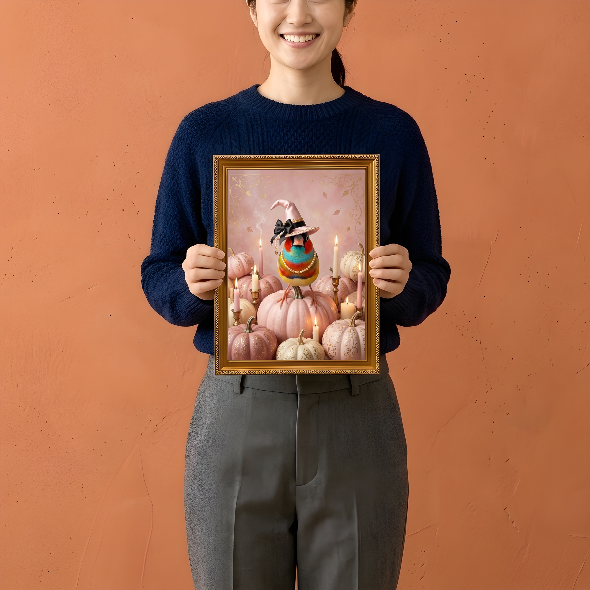 コキンチョウのかぼちゃとキャンドルの油絵風アートハロウィン額装プリント(A4金縁)(2枚目)