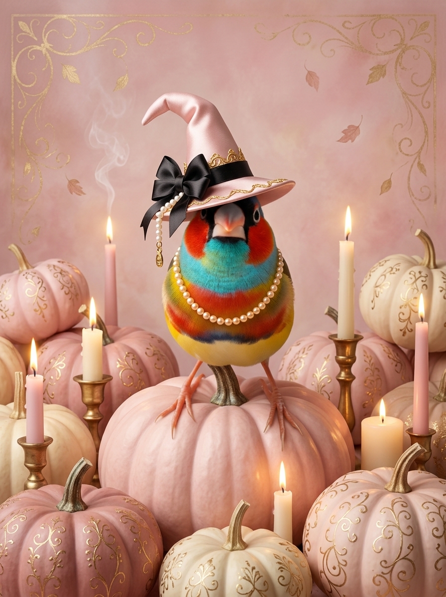 コキンチョウのかぼちゃとキャンドルの油絵風アートハロウィン額装プリント(A4金縁)(4枚目)