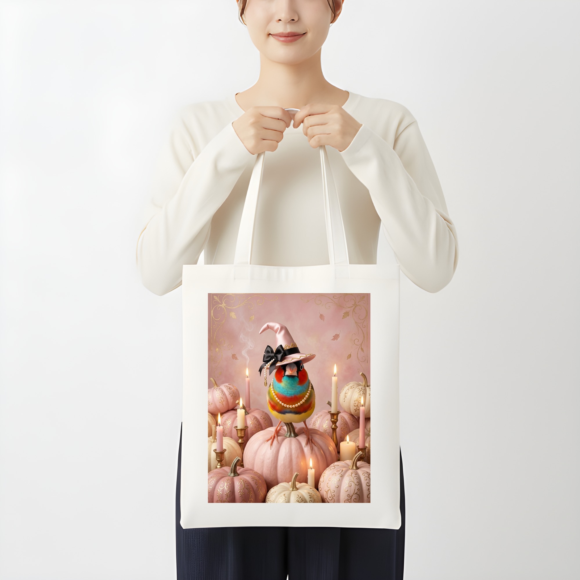 コキンチョウのかぼちゃとキャンドルの油絵風アートハロウィントートバッグ（3枚目）
