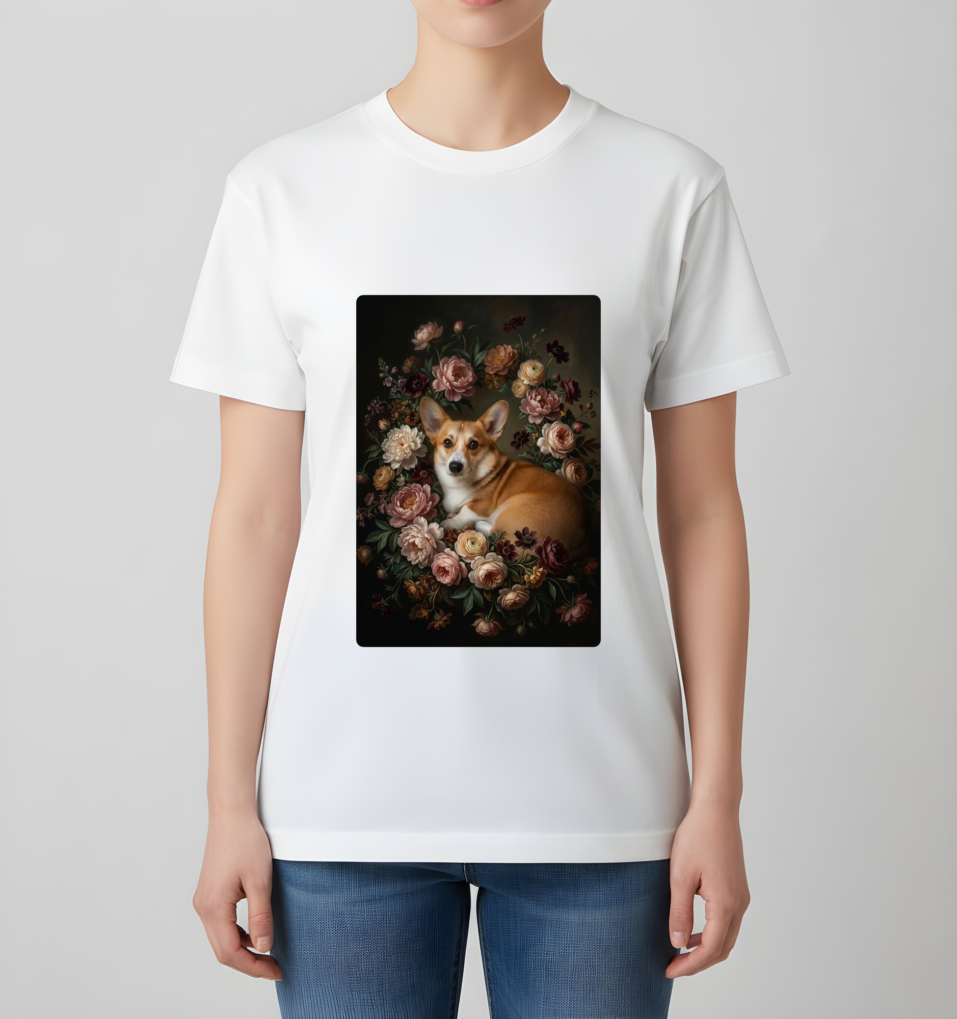 コーギーの花の油絵風アート花柄Tシャツ（ホワイト）（4枚目）