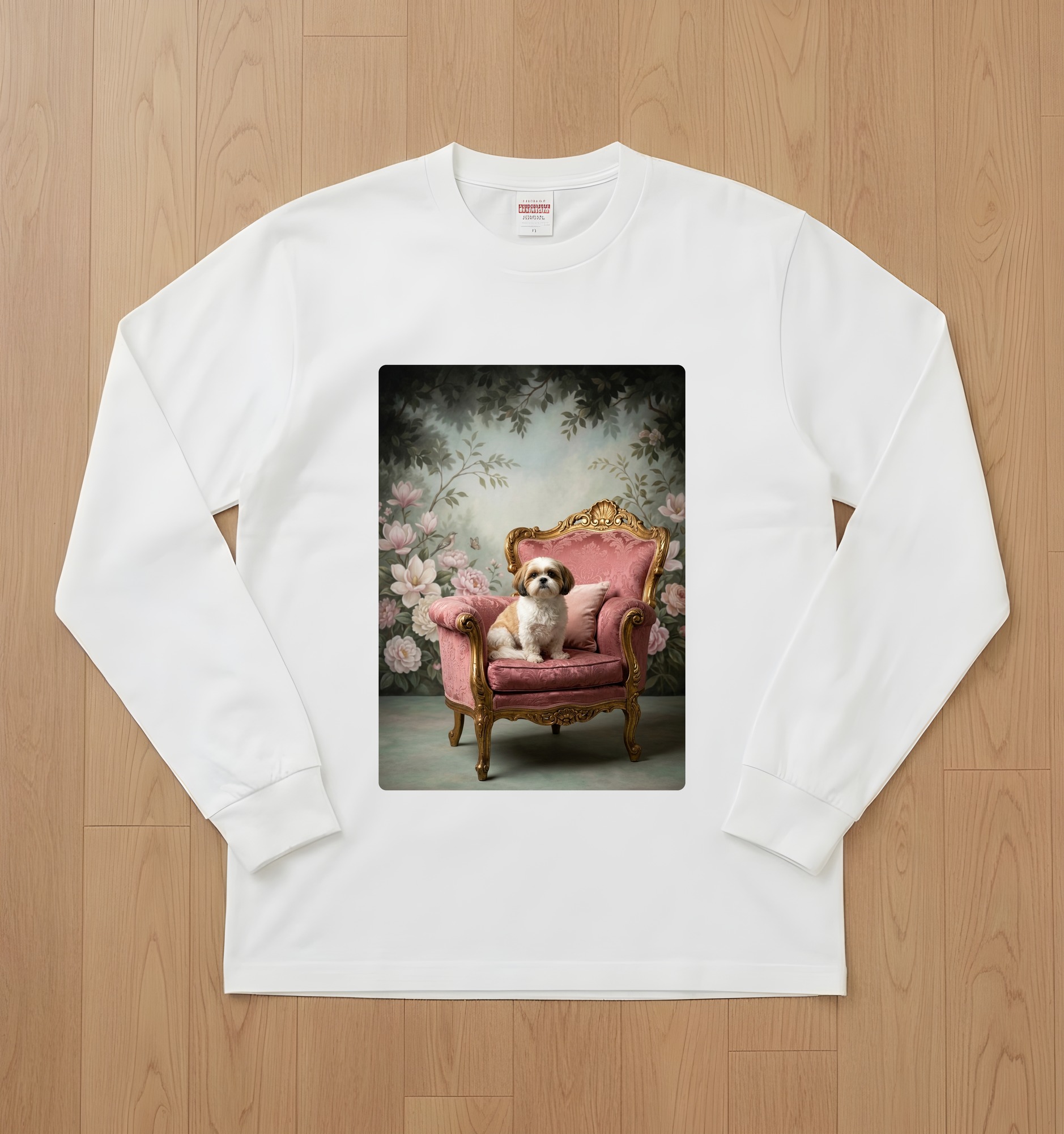 シーズーのシャビーピンクの油絵風アートロココ調長袖Tシャツ(ホワイト)