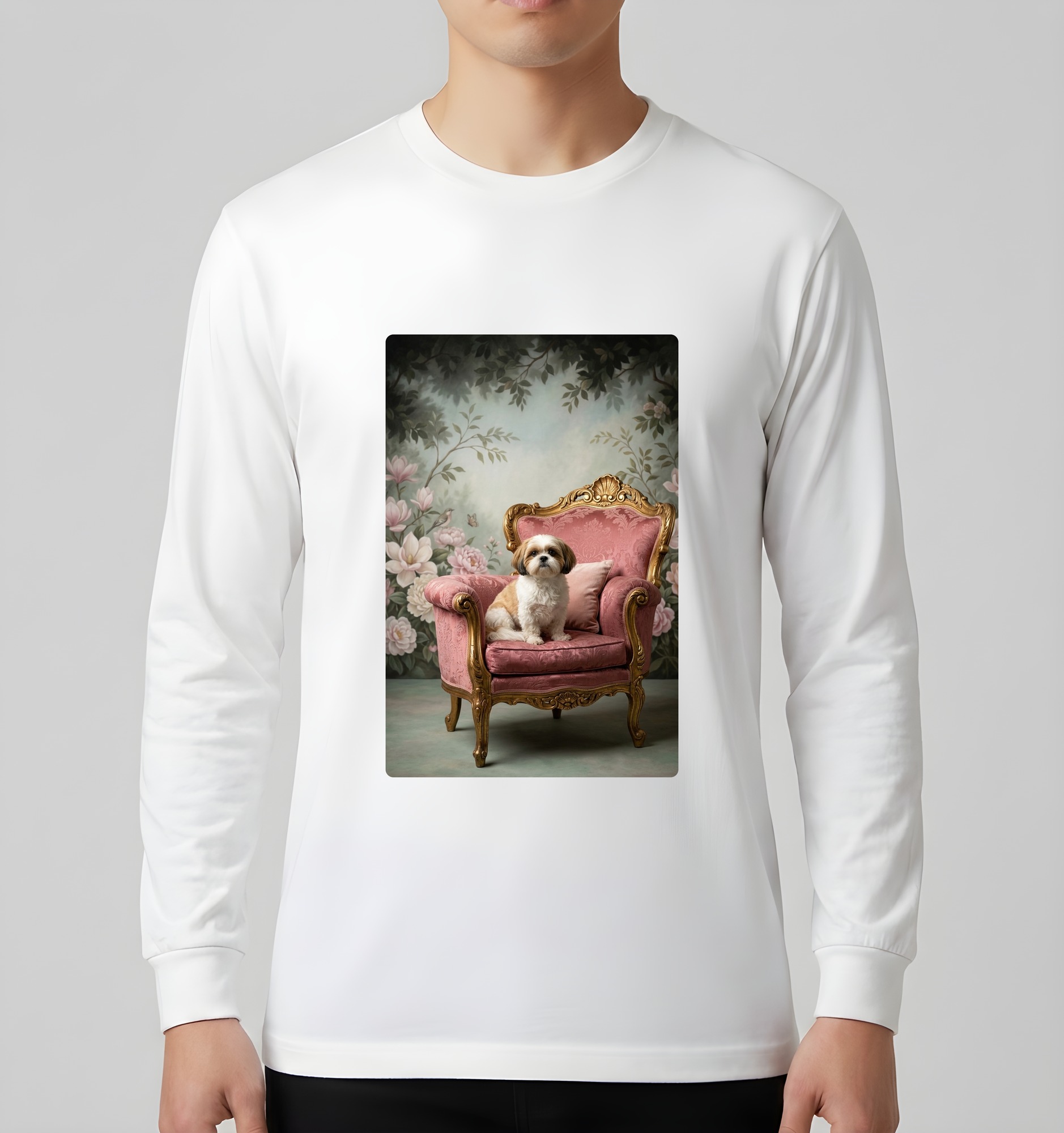 シーズーのシャビーピンクの油絵風アートロココ調長袖Tシャツ(ホワイト)(3枚目)
