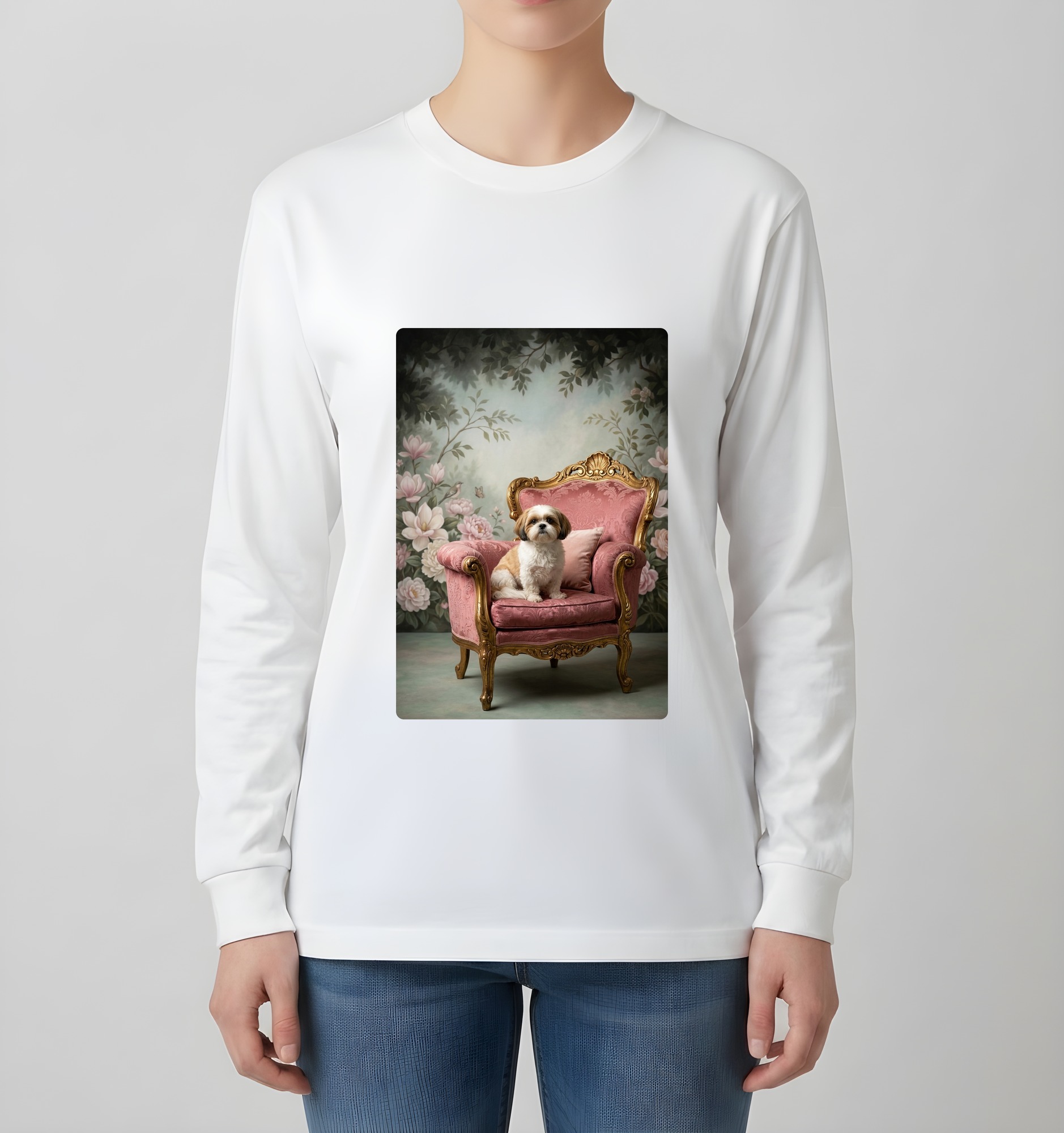 シーズーのシャビーピンクの油絵風アートロココ調長袖Tシャツ(ホワイト)(4枚目)
