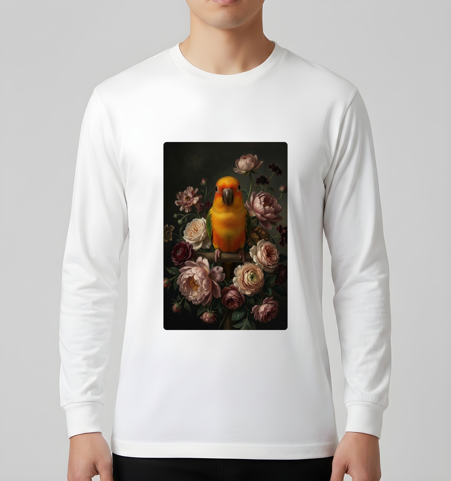 ナナイロメキシコインコの花の油絵風アート花柄長袖Tシャツ（ホワイト）（3枚目）