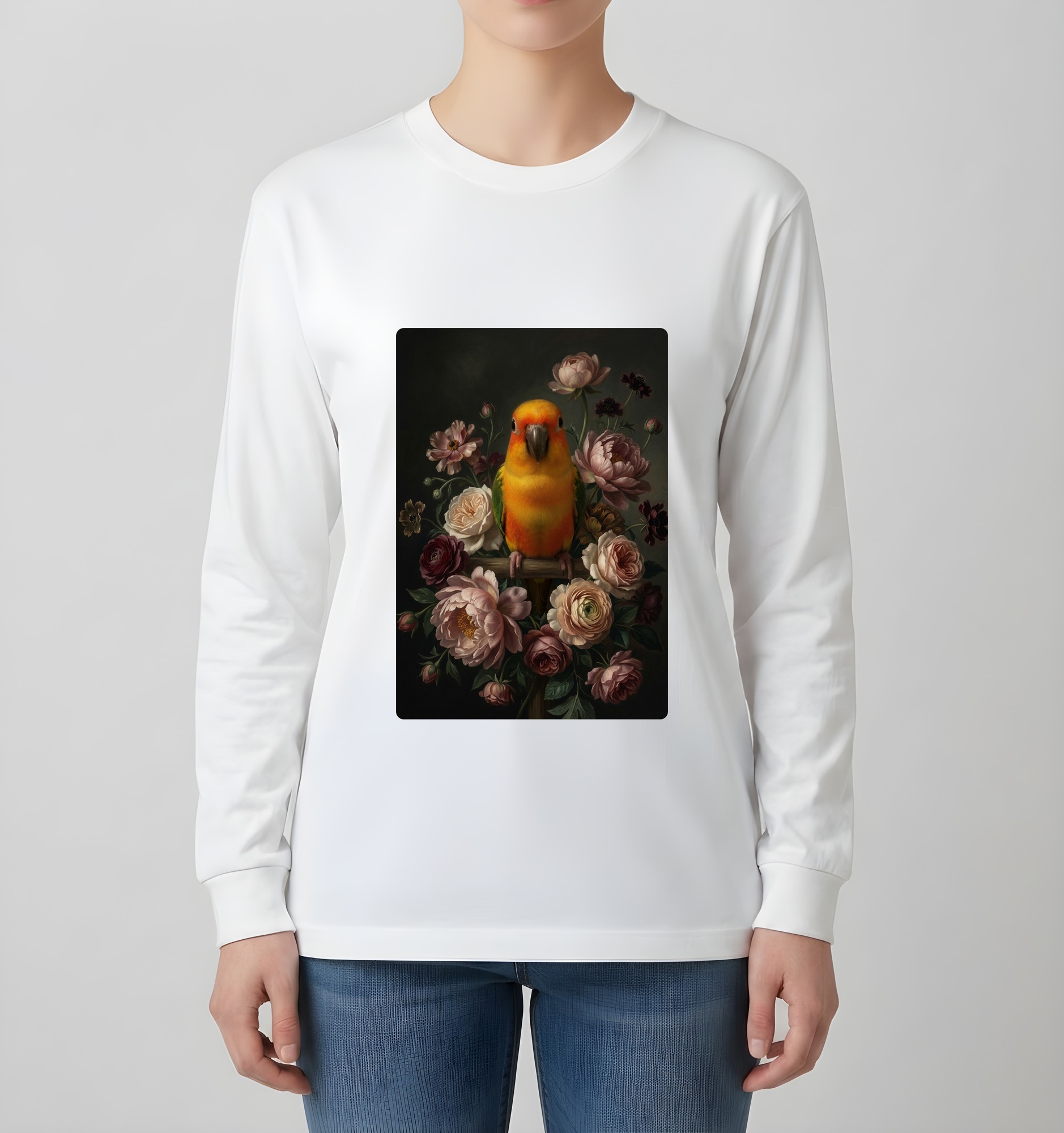 ナナイロメキシコインコの花の油絵風アート花柄長袖Tシャツ（ホワイト）（4枚目）